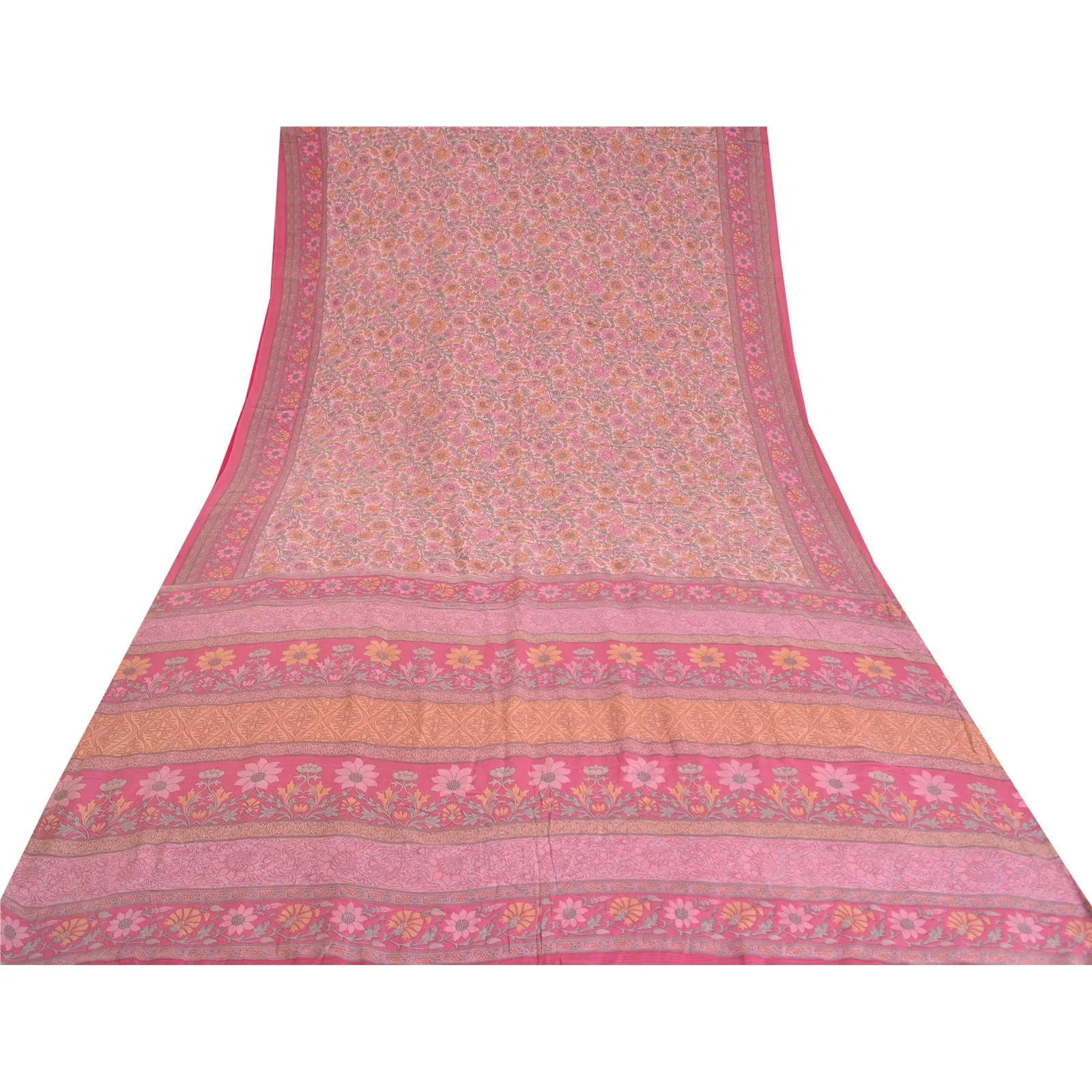 Sanskriti Vintage Sarees Pink 100% Pure Crepe Silk Printed Sari 5yd Craft Fabric