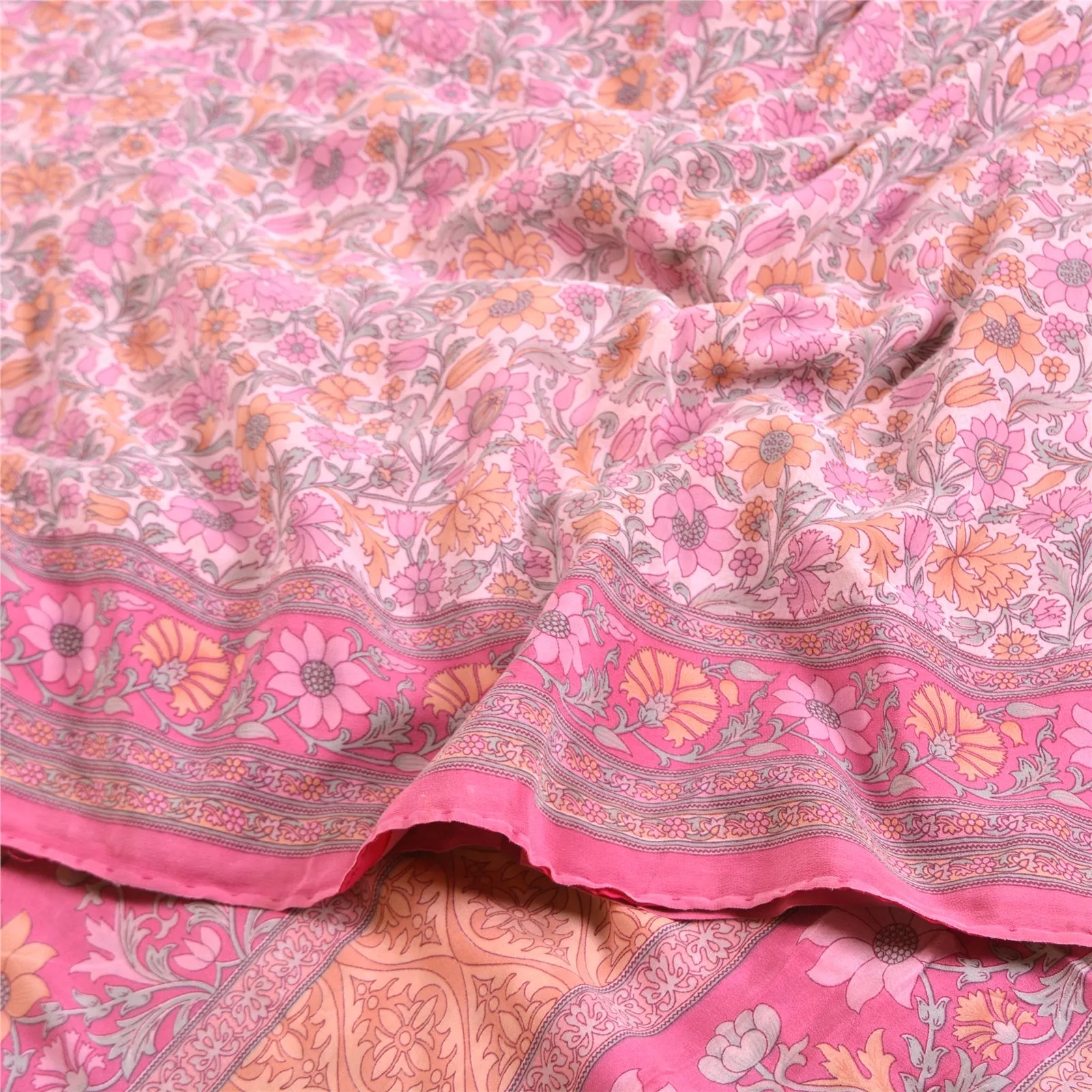 Sanskriti Vintage Sarees Pink 100% Pure Crepe Silk Printed Sari 5yd Craft Fabric