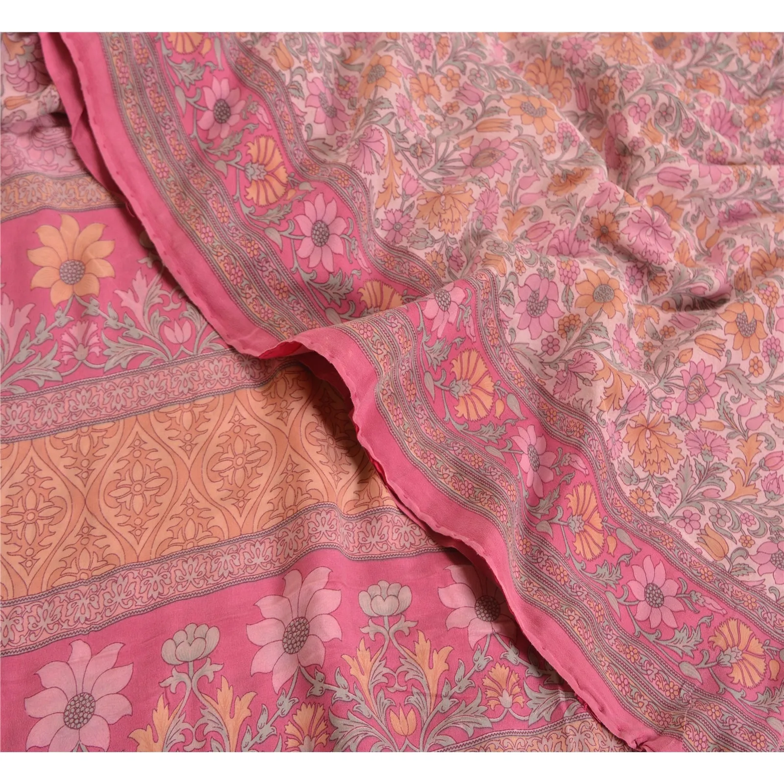 Sanskriti Vintage Sarees Pink 100% Pure Crepe Silk Printed Sari 5yd Craft Fabric