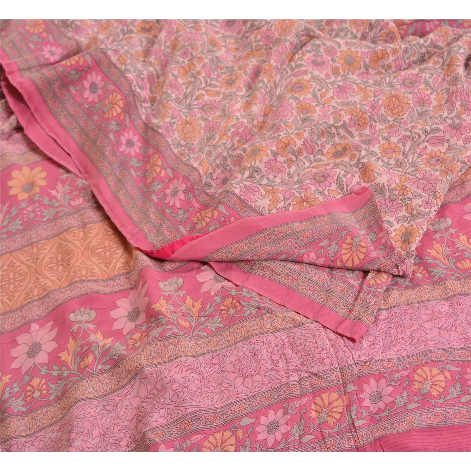 Sanskriti Vintage Sarees Pink 100% Pure Crepe Silk Printed Sari 5yd Craft Fabric