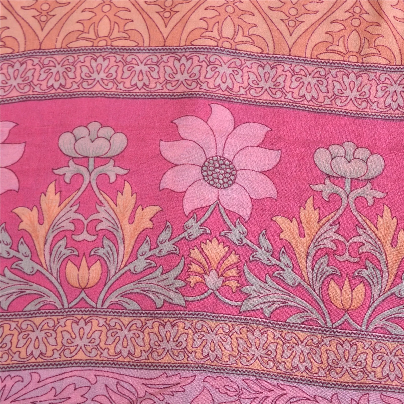 Sanskriti Vintage Sarees Pink 100% Pure Crepe Silk Printed Sari 5yd Craft Fabric