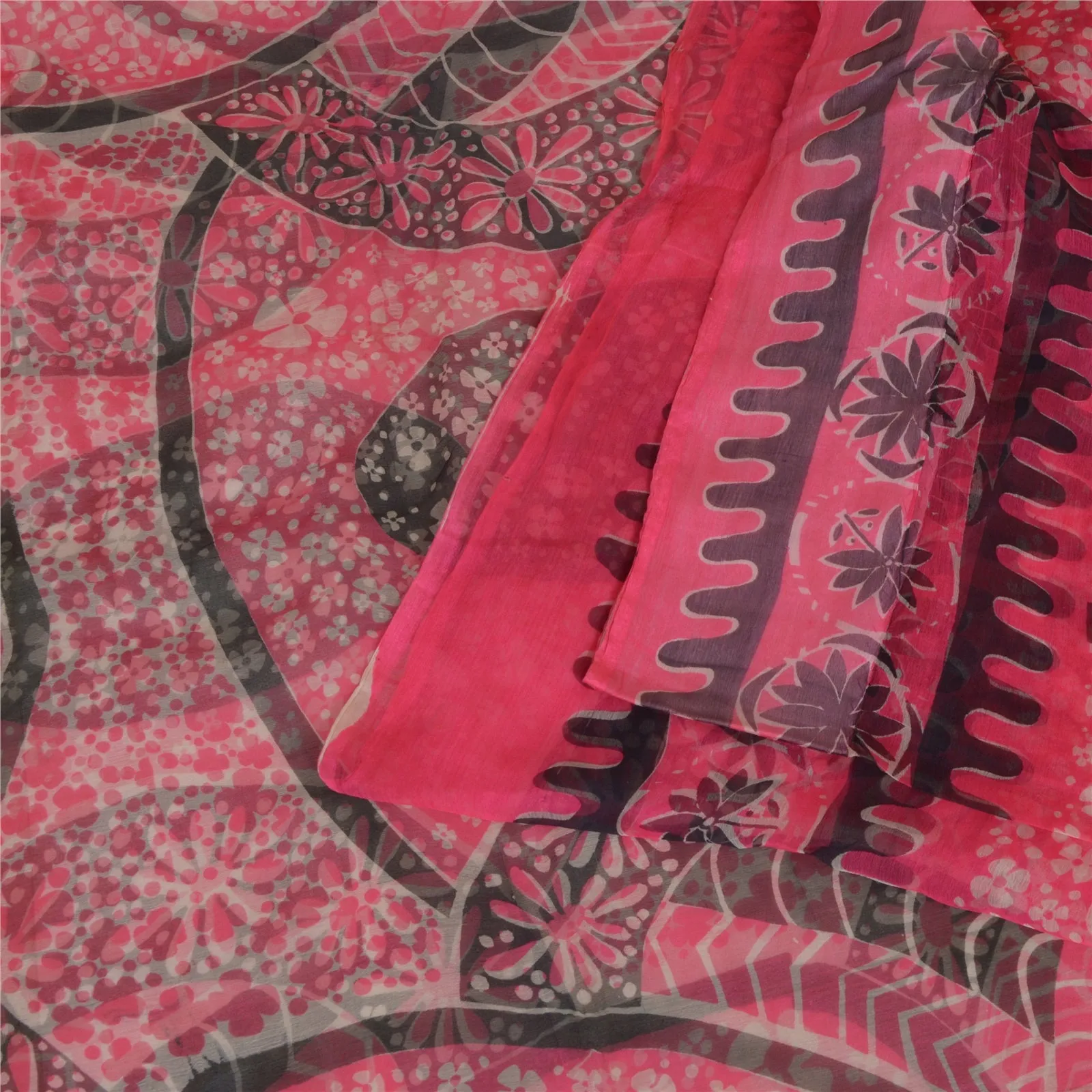 Sanskriti Vintage Sarees Pink Pure Chiffon Silk Printed Sari 5yd Craft Fabric