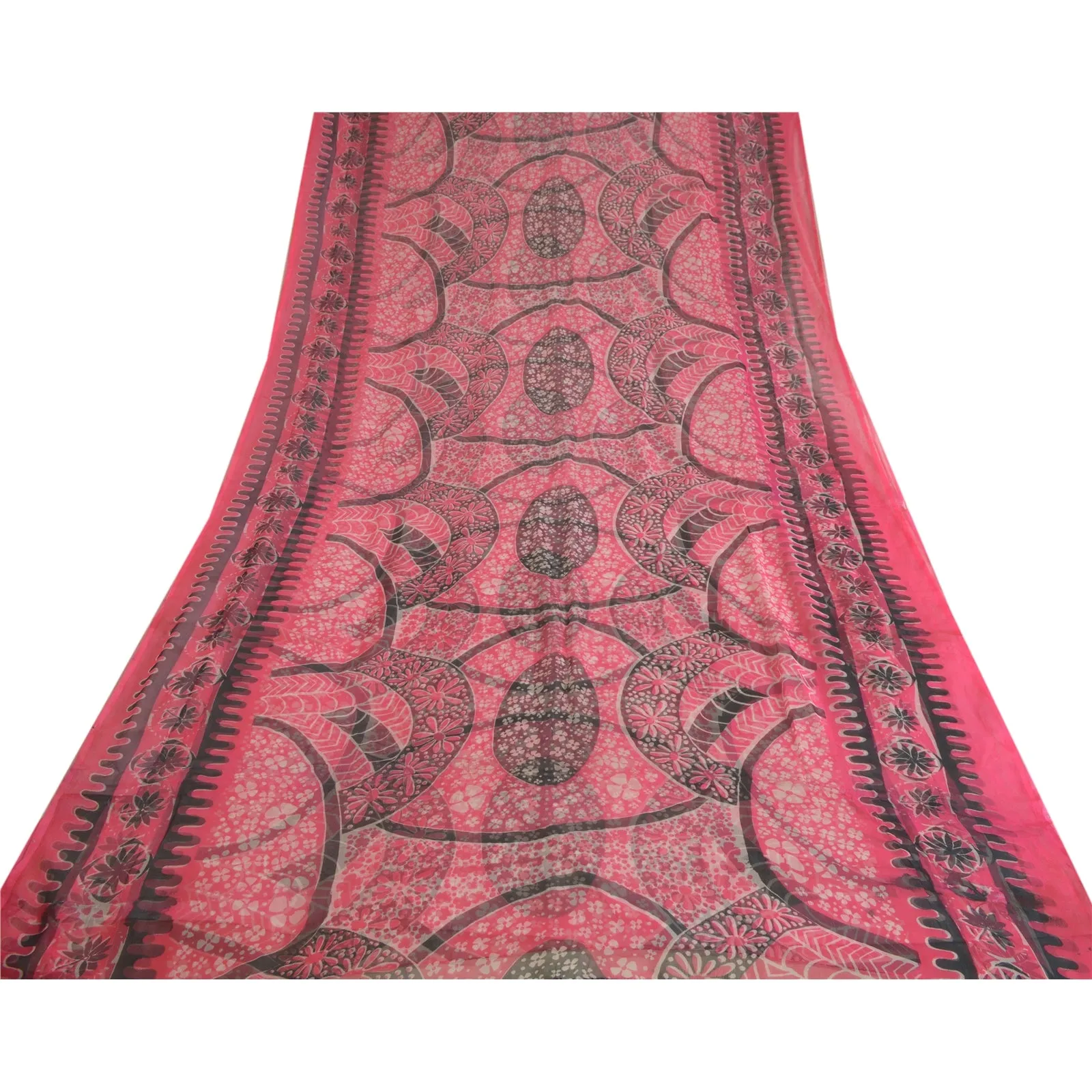 Sanskriti Vintage Sarees Pink Pure Chiffon Silk Printed Sari 5yd Craft Fabric