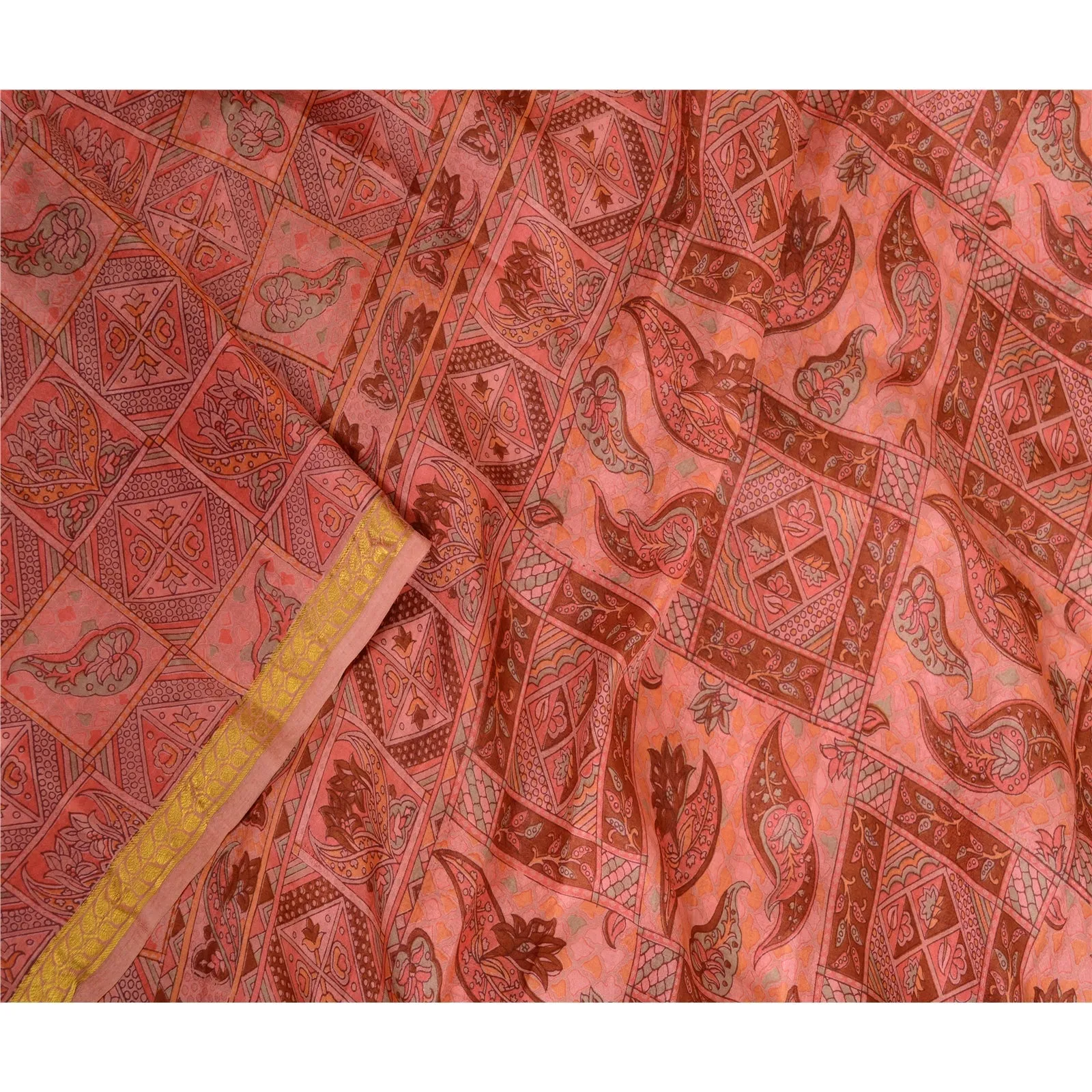 Sanskriti Vintage Sarees Pink Zari Border Pure Silk Printed Sari Craft Fabric