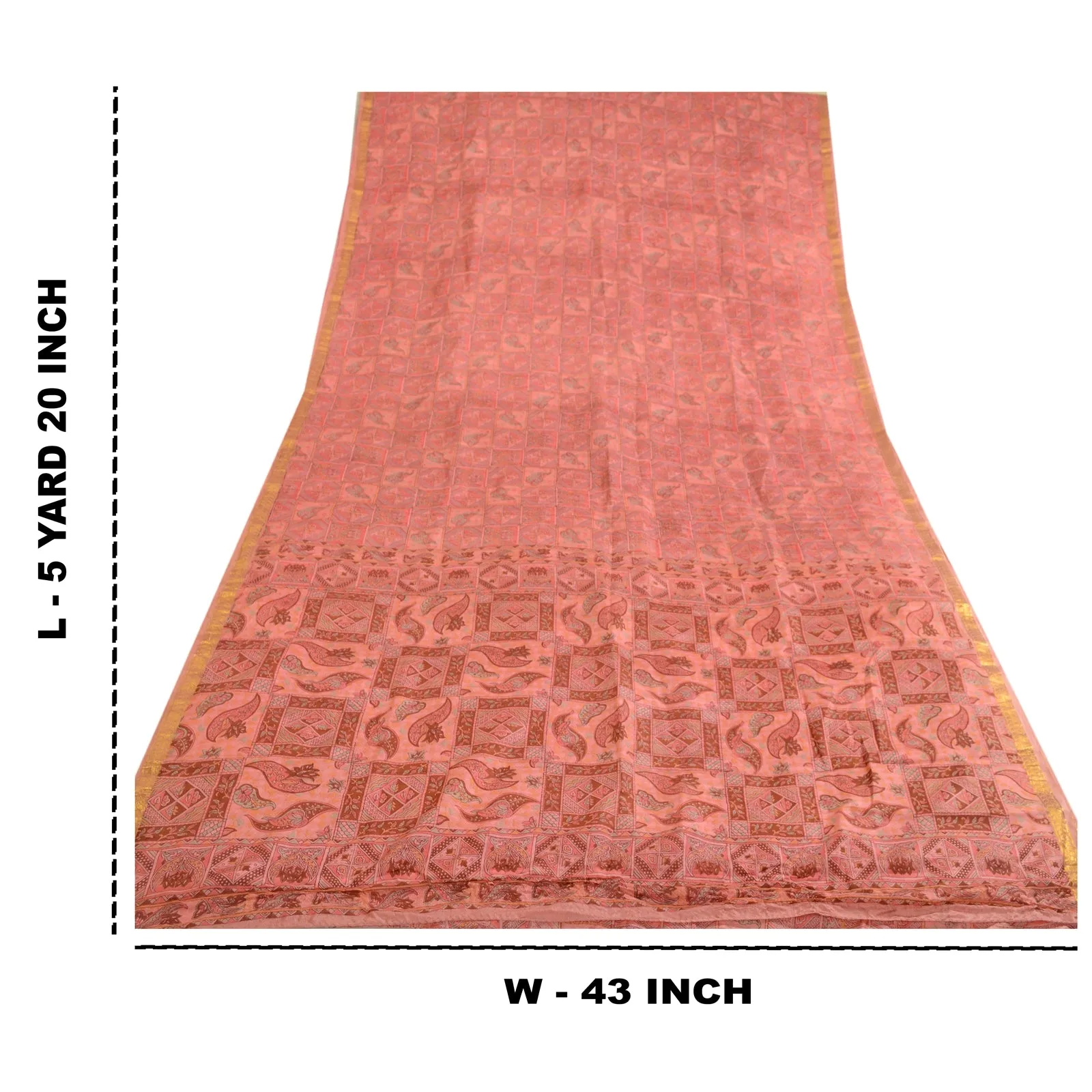 Sanskriti Vintage Sarees Pink Zari Border Pure Silk Printed Sari Craft Fabric