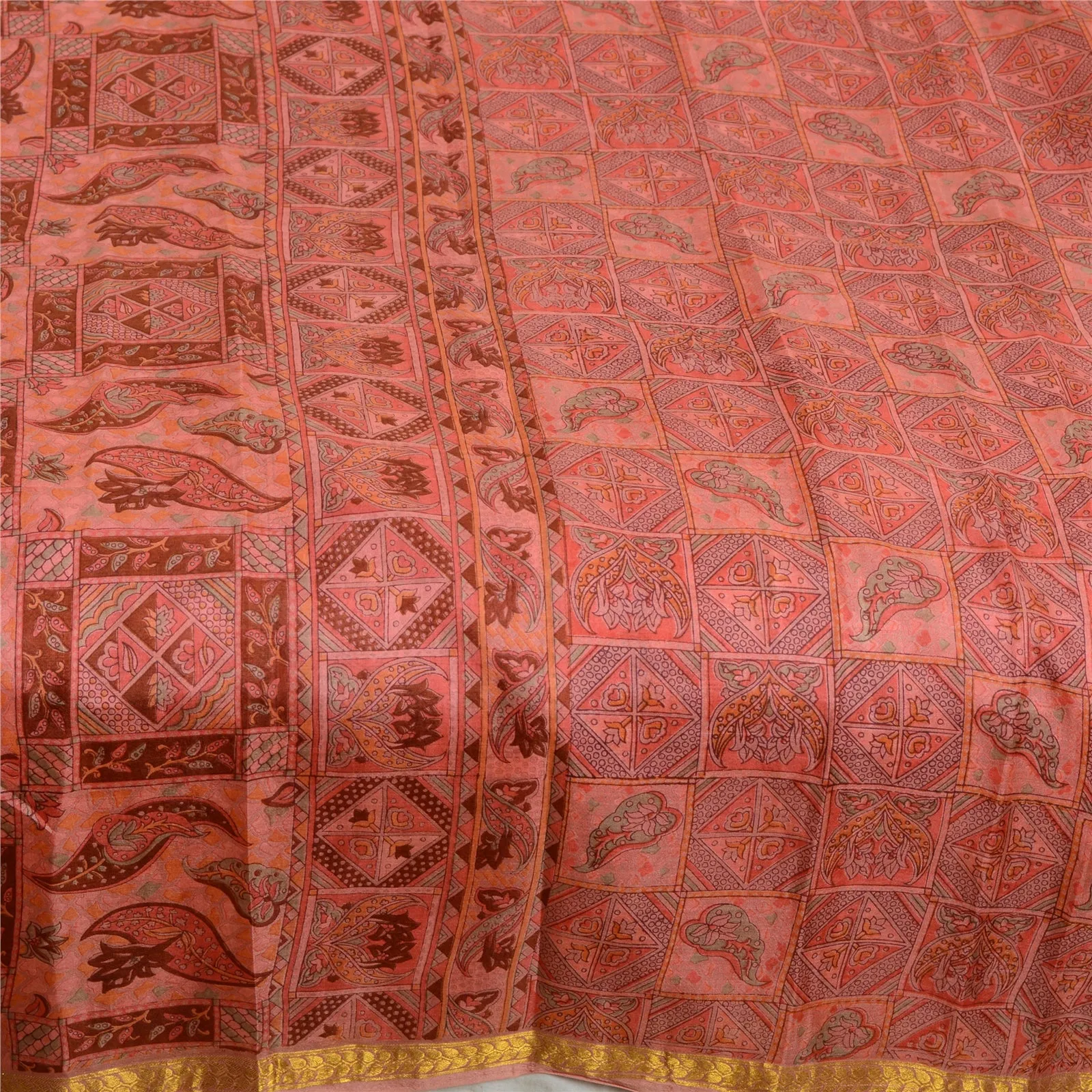 Sanskriti Vintage Sarees Pink Zari Border Pure Silk Printed Sari Craft Fabric