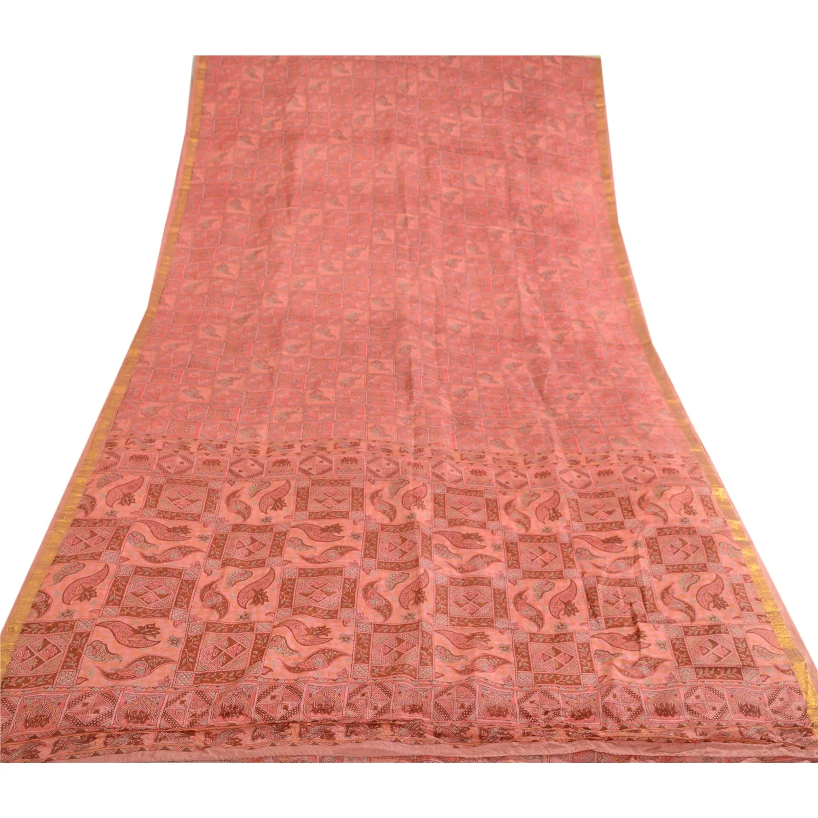 Sanskriti Vintage Sarees Pink Zari Border Pure Silk Printed Sari Craft Fabric