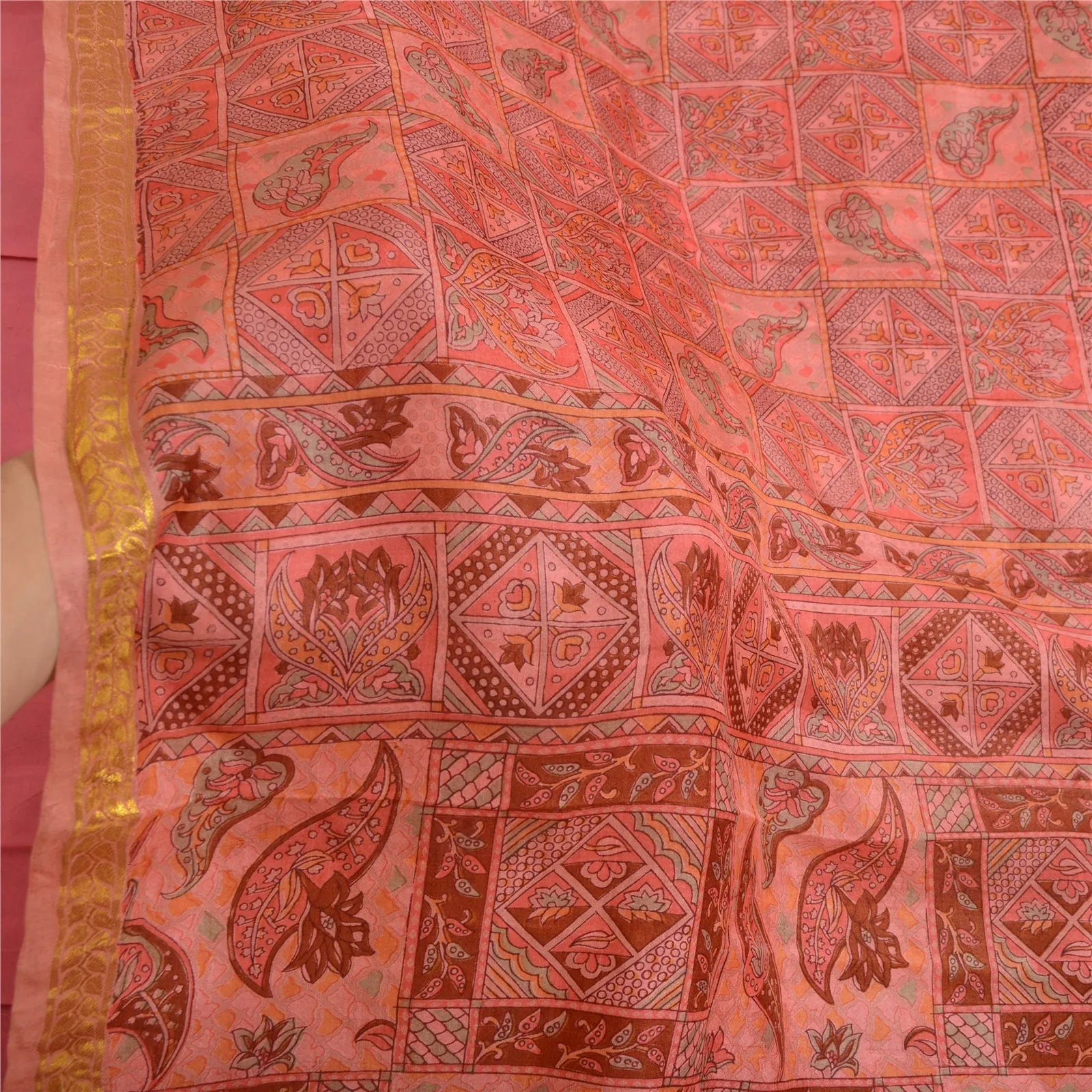 Sanskriti Vintage Sarees Pink Zari Border Pure Silk Printed Sari Craft Fabric