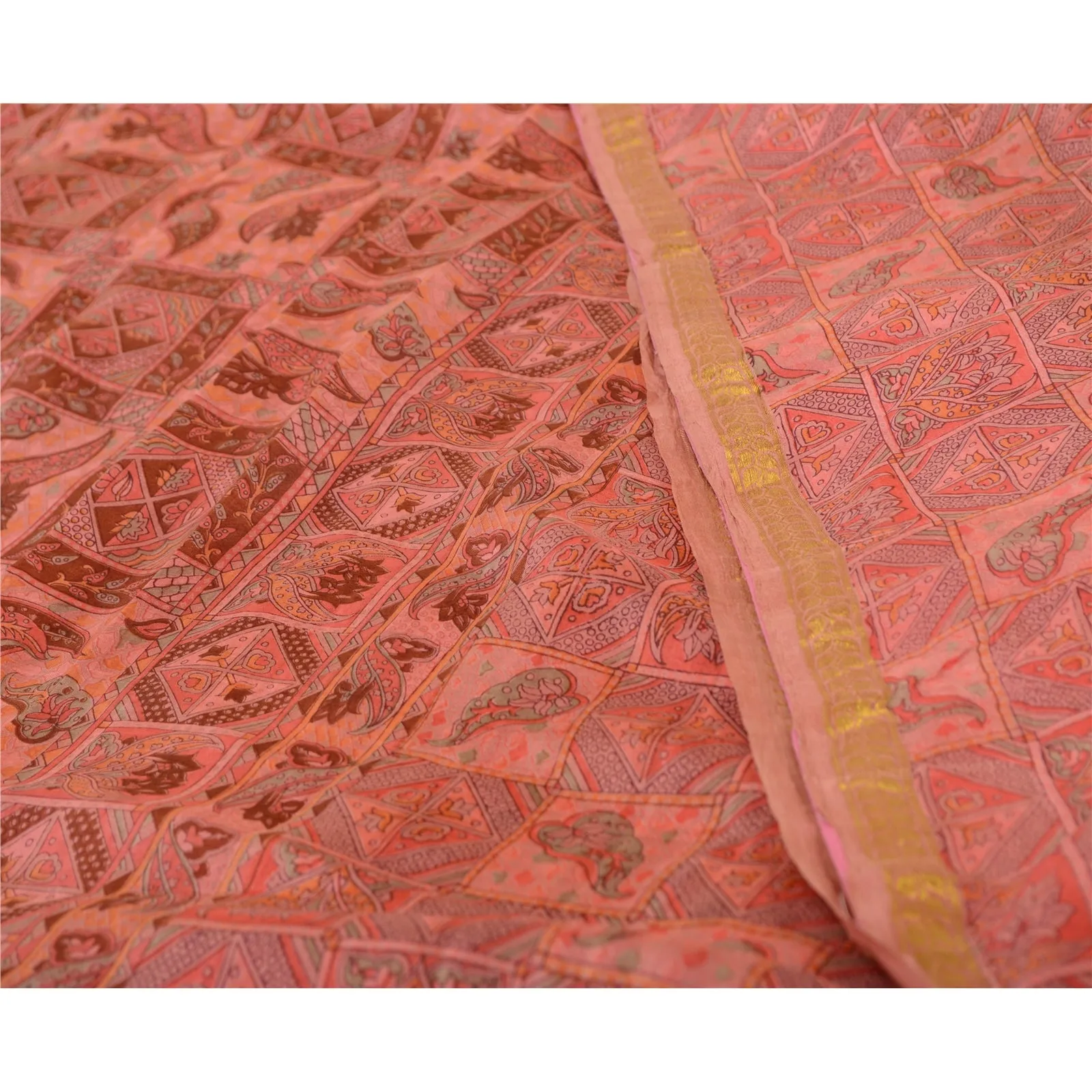 Sanskriti Vintage Sarees Pink Zari Border Pure Silk Printed Sari Craft Fabric