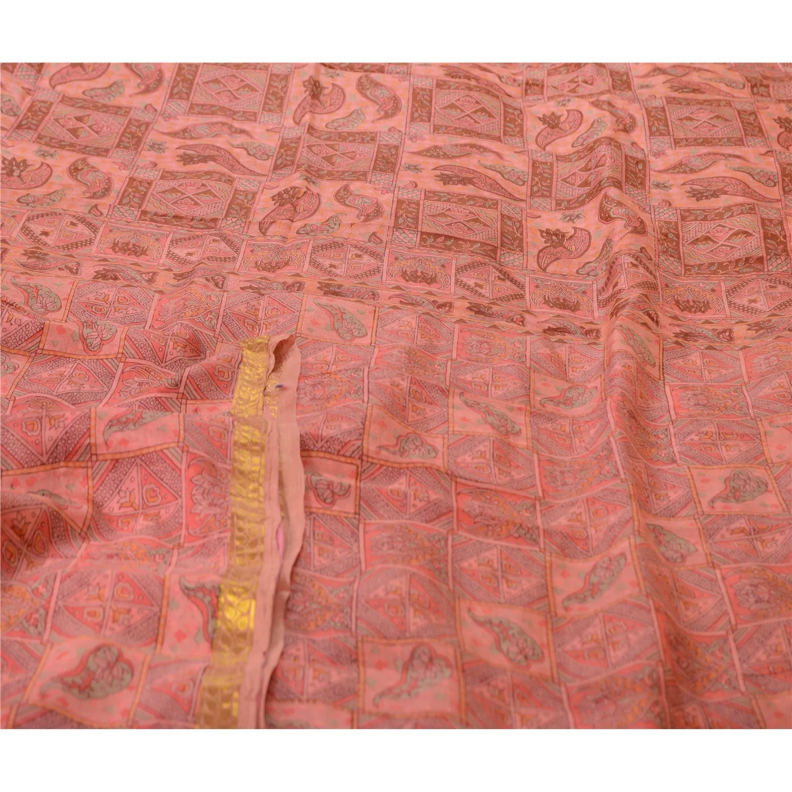 Sanskriti Vintage Sarees Pink Zari Border Pure Silk Printed Sari Craft Fabric