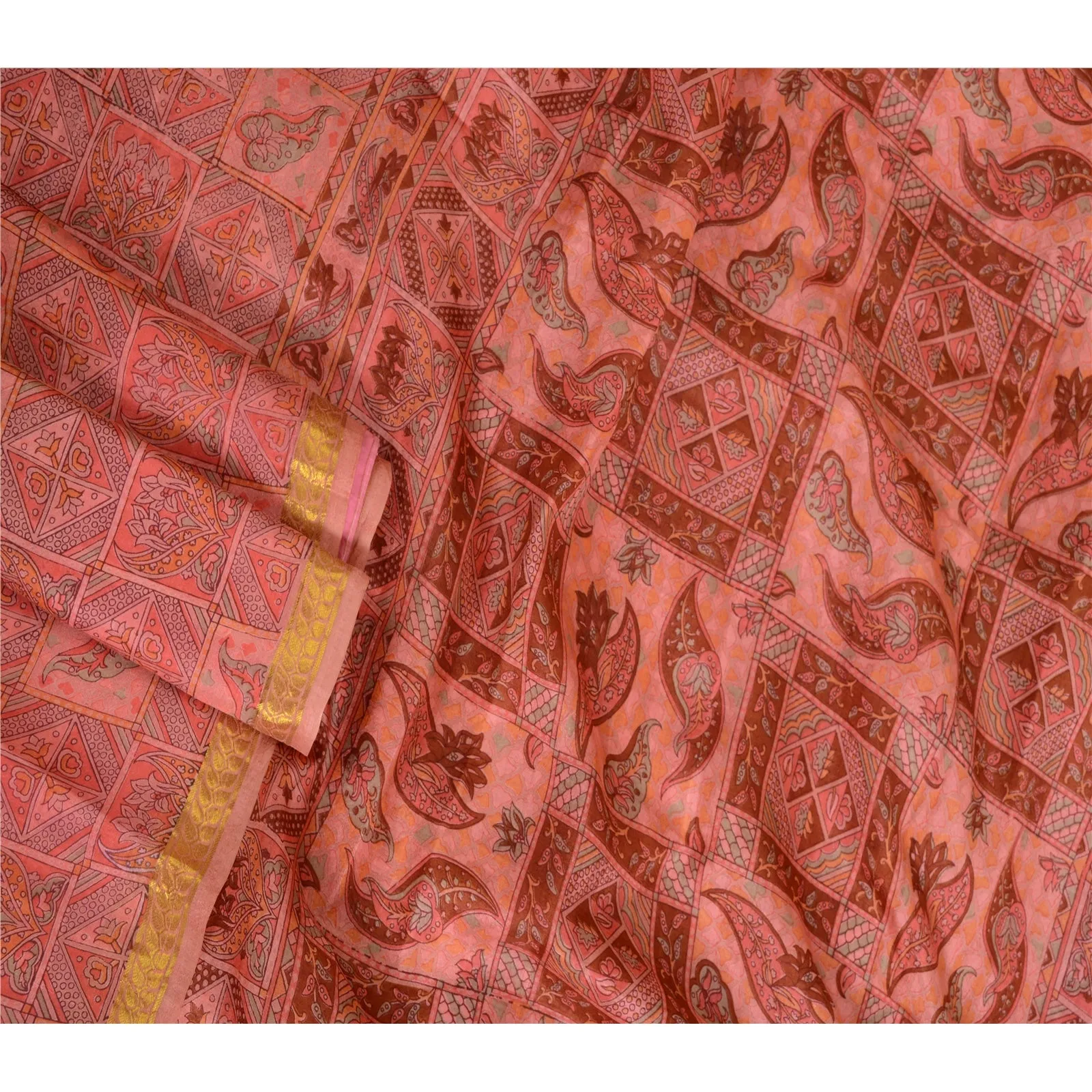 Sanskriti Vintage Sarees Pink Zari Border Pure Silk Printed Sari Craft Fabric