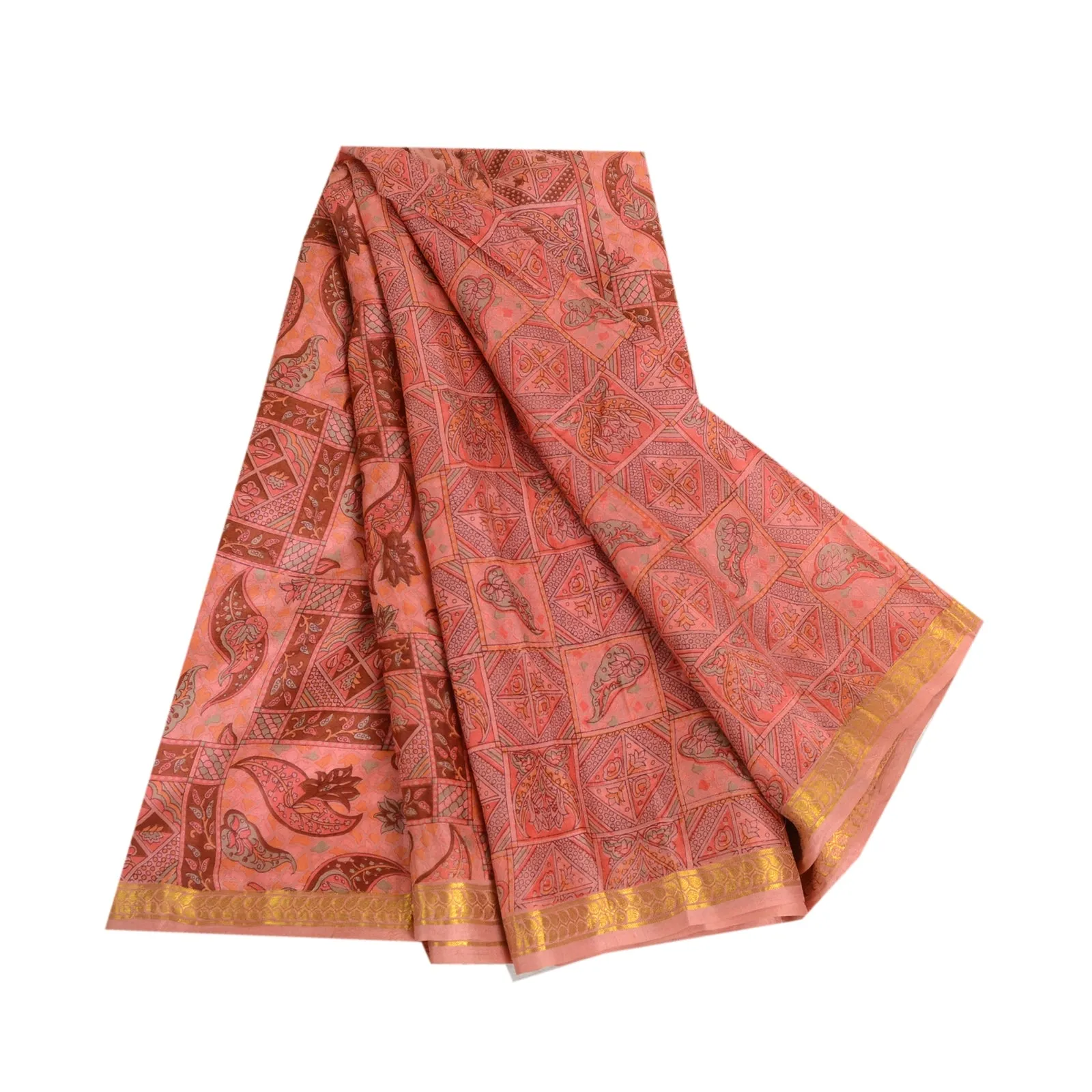 Sanskriti Vintage Sarees Pink Zari Border Pure Silk Printed Sari Craft Fabric