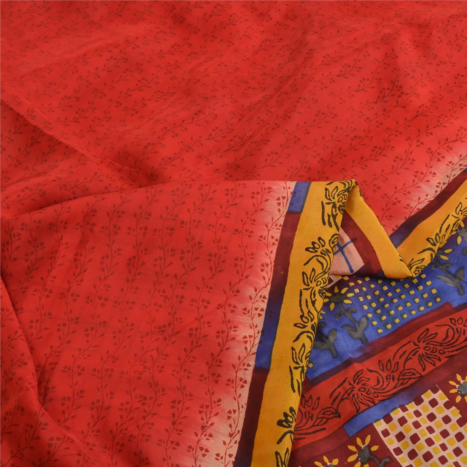 Sanskriti Vintage Sarees Red Hand Block Print Pure Crepe Silk Sari Craft Fabric