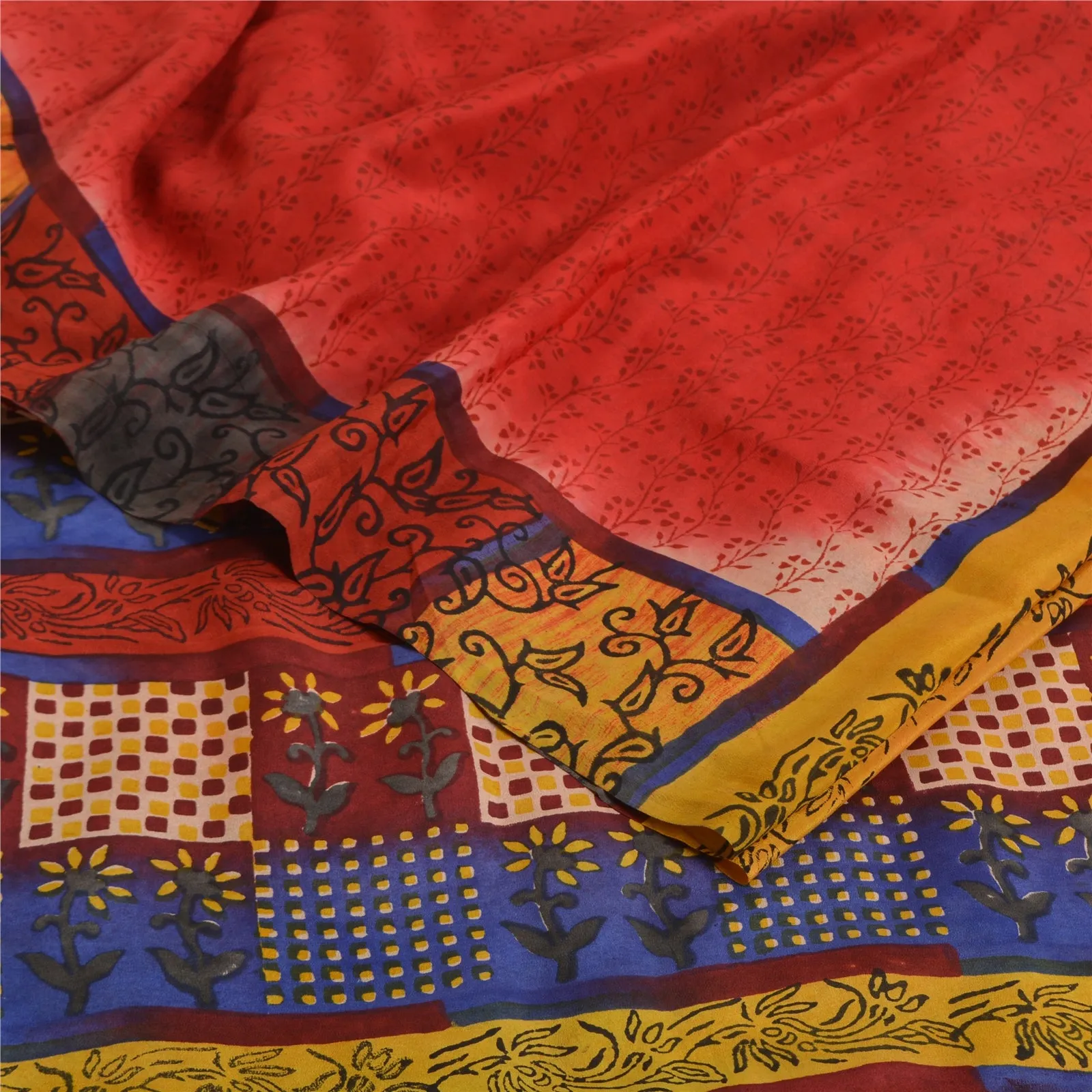 Sanskriti Vintage Sarees Red Hand Block Print Pure Crepe Silk Sari Craft Fabric