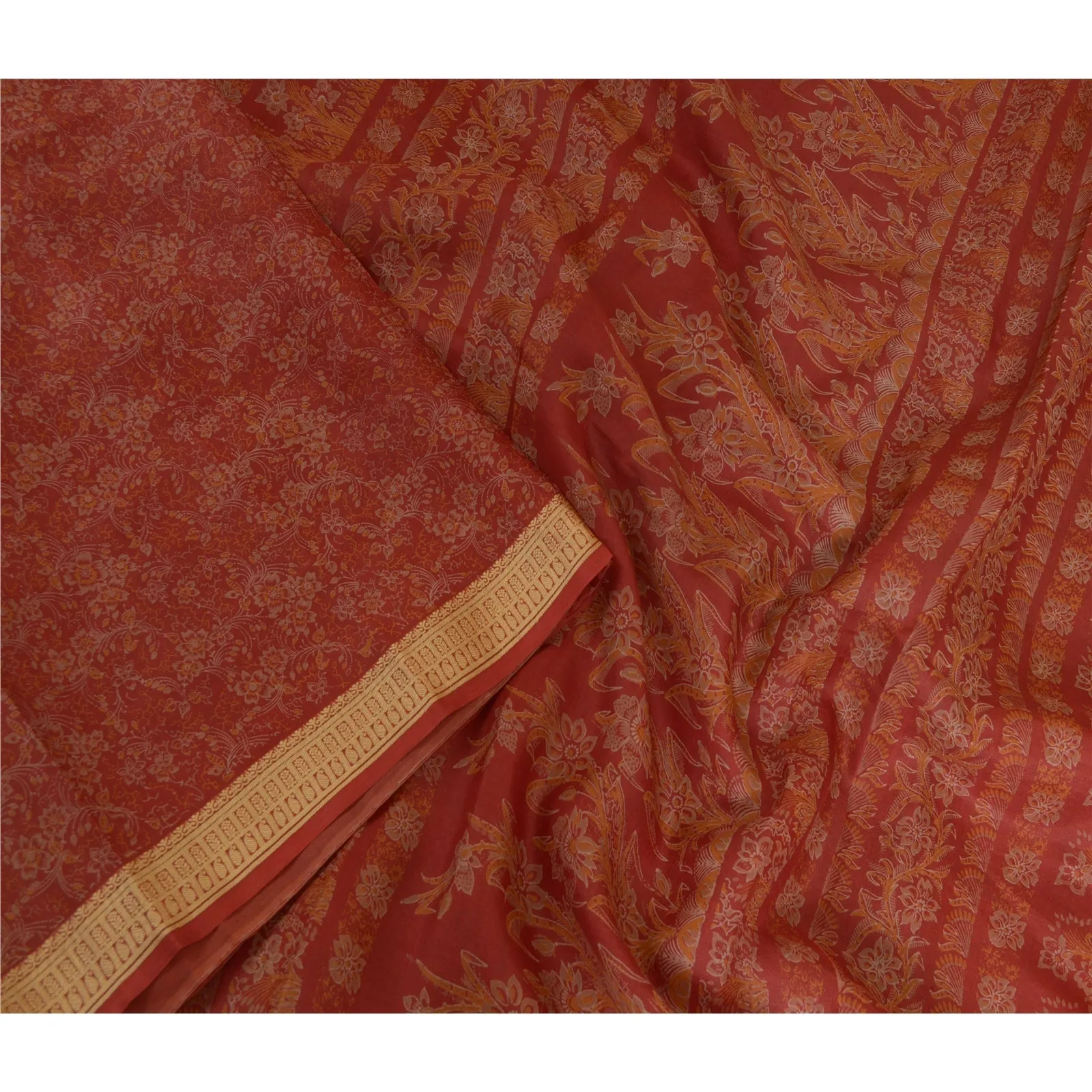 Sanskriti Vintage Sarees Red Pure Silk Printed Sari Woven Border Craft Fabric