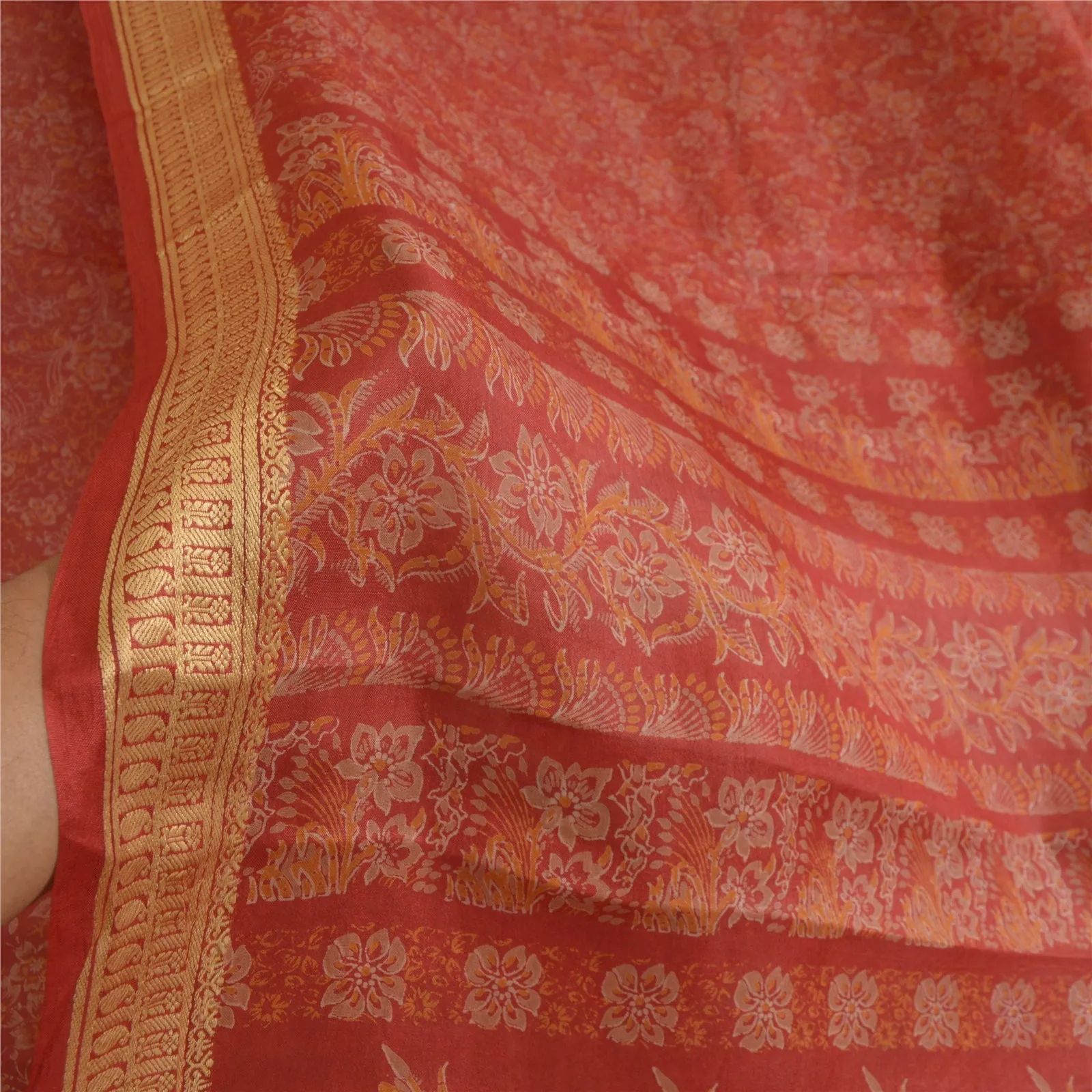 Sanskriti Vintage Sarees Red Pure Silk Printed Sari Woven Border Craft Fabric