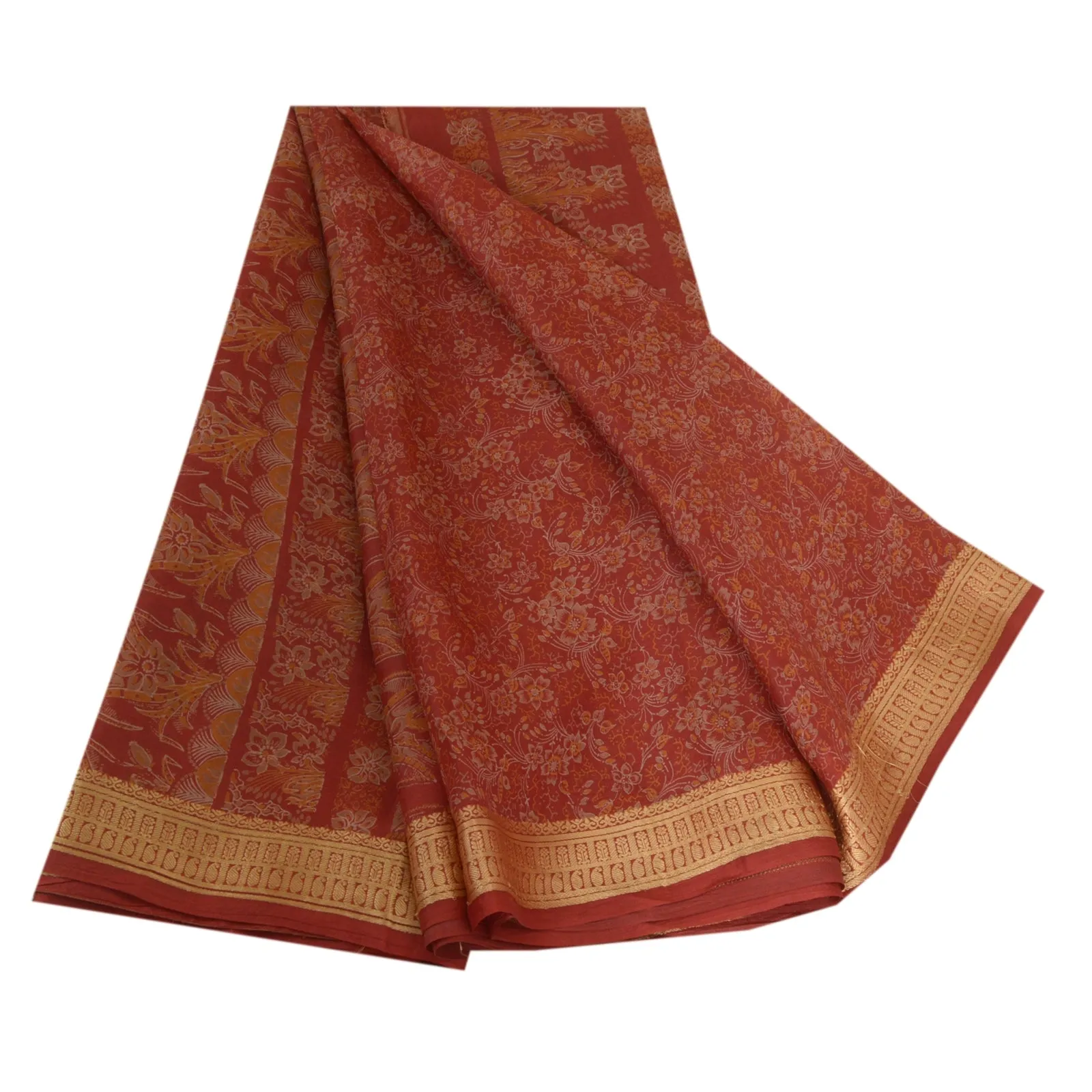 Sanskriti Vintage Sarees Red Pure Silk Printed Sari Woven Border Craft Fabric