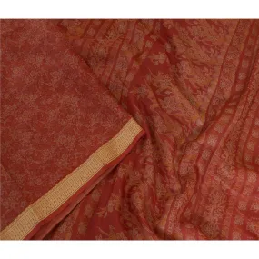 Sanskriti Vintage Sarees Red Pure Silk Printed Sari Woven Border Craft Fabric