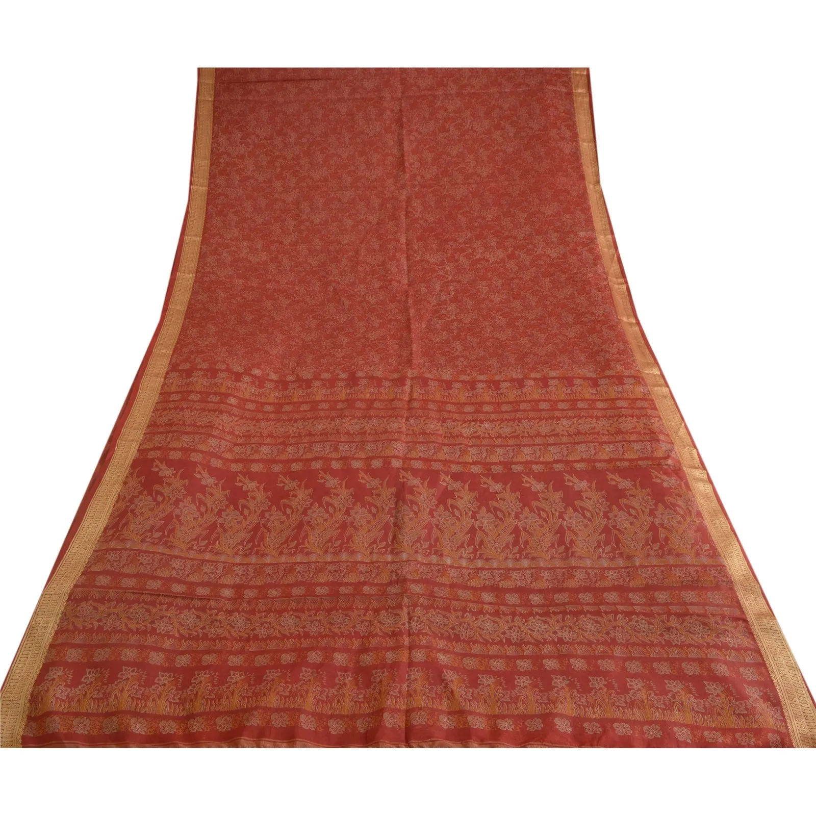 Sanskriti Vintage Sarees Red Pure Silk Printed Sari Woven Border Craft Fabric