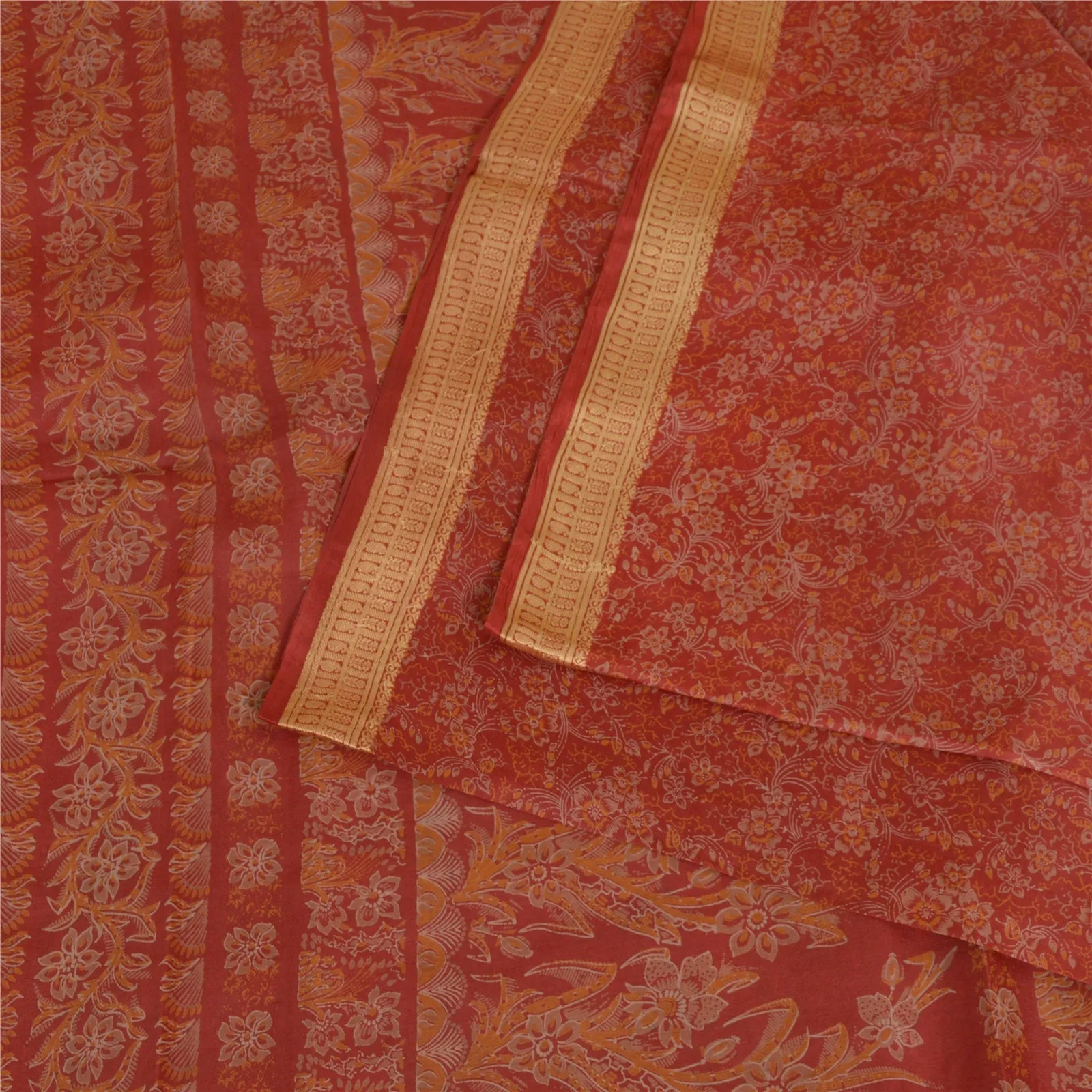 Sanskriti Vintage Sarees Red Pure Silk Printed Sari Woven Border Craft Fabric