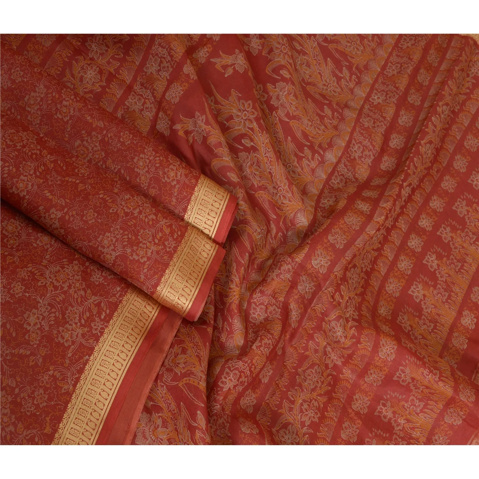 Sanskriti Vintage Sarees Red Pure Silk Printed Sari Woven Border Craft Fabric