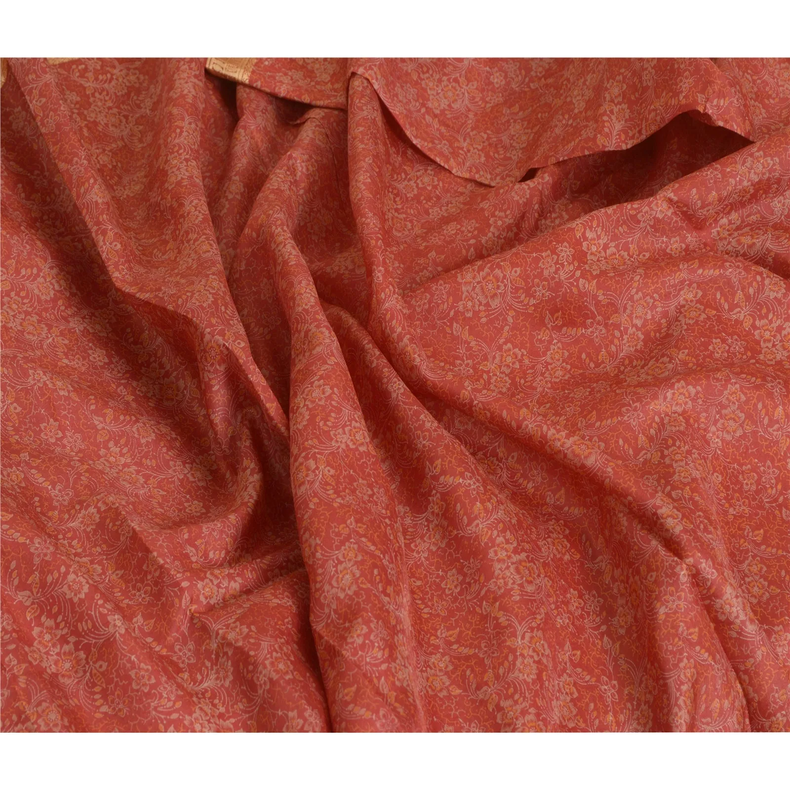 Sanskriti Vintage Sarees Red Pure Silk Printed Sari Woven Border Craft Fabric