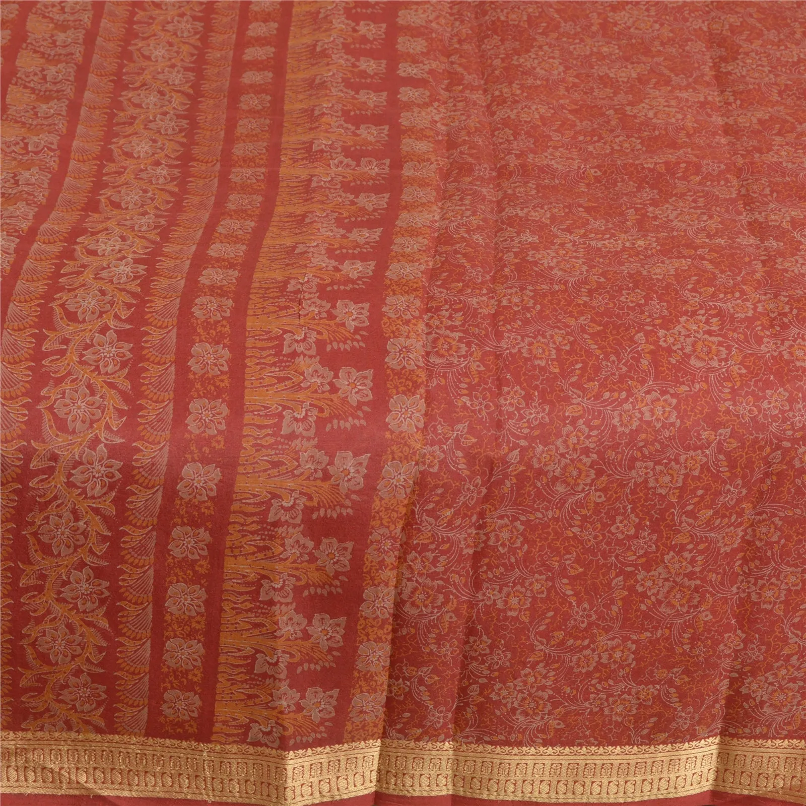 Sanskriti Vintage Sarees Red Pure Silk Printed Sari Woven Border Craft Fabric