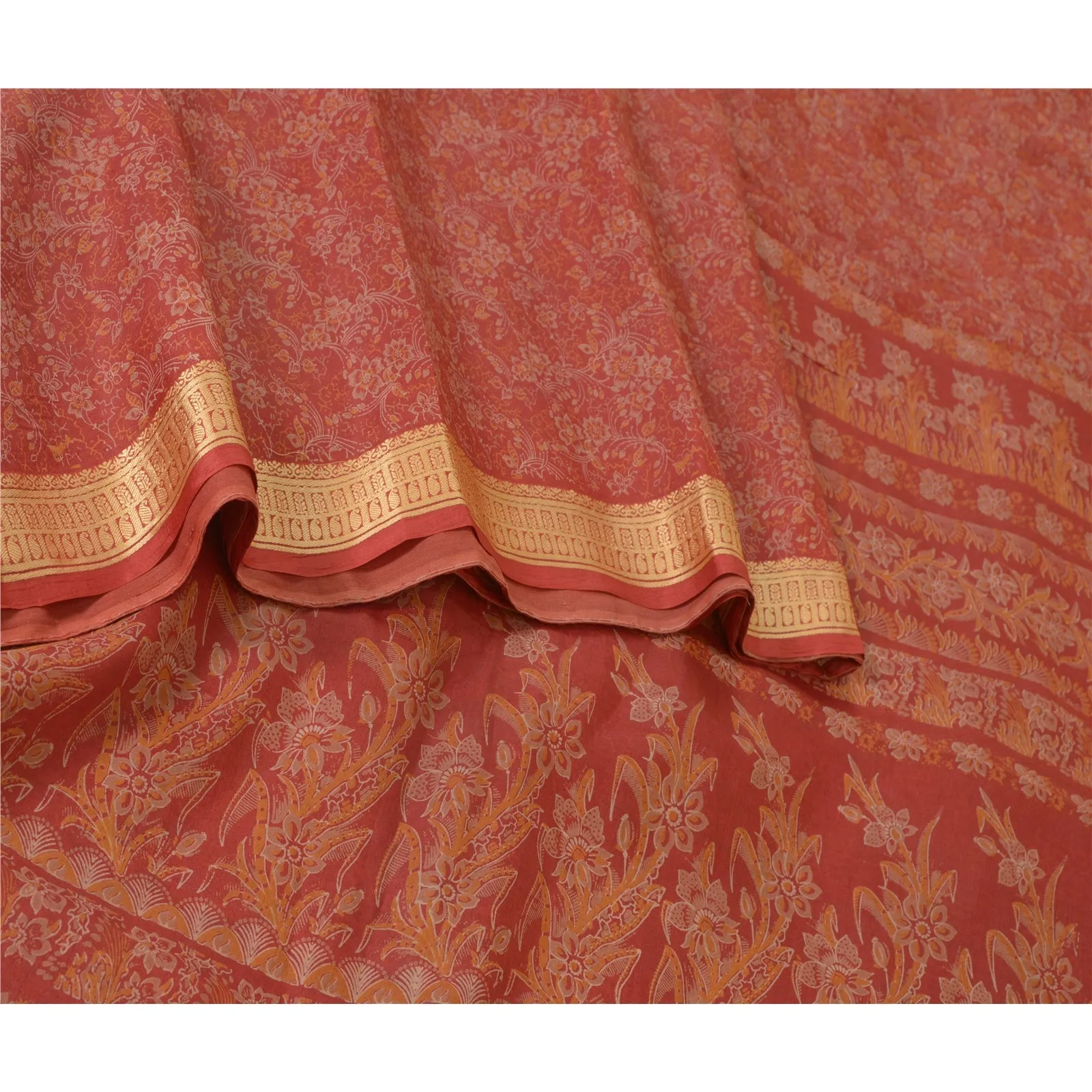 Sanskriti Vintage Sarees Red Pure Silk Printed Sari Woven Border Craft Fabric