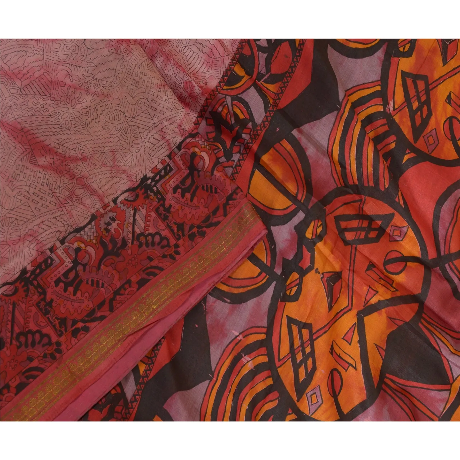 Sanskriti Vintage Sarees Red TieDye Printed Pure Silk Sari Soft 5yd Craft Fabric