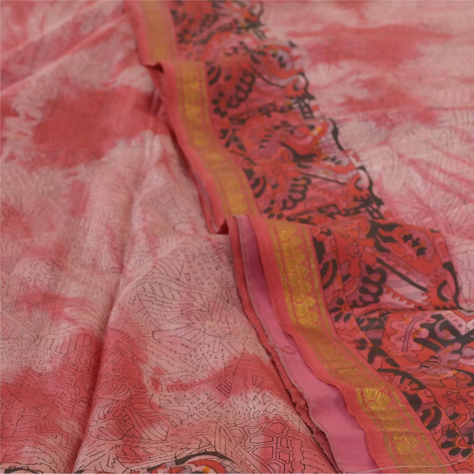 Sanskriti Vintage Sarees Red TieDye Printed Pure Silk Sari Soft 5yd Craft Fabric