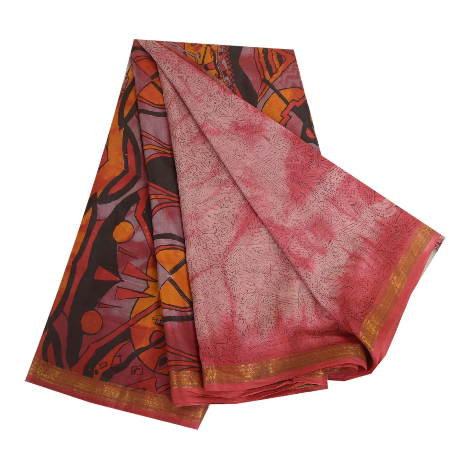 Sanskriti Vintage Sarees Red TieDye Printed Pure Silk Sari Soft 5yd Craft Fabric