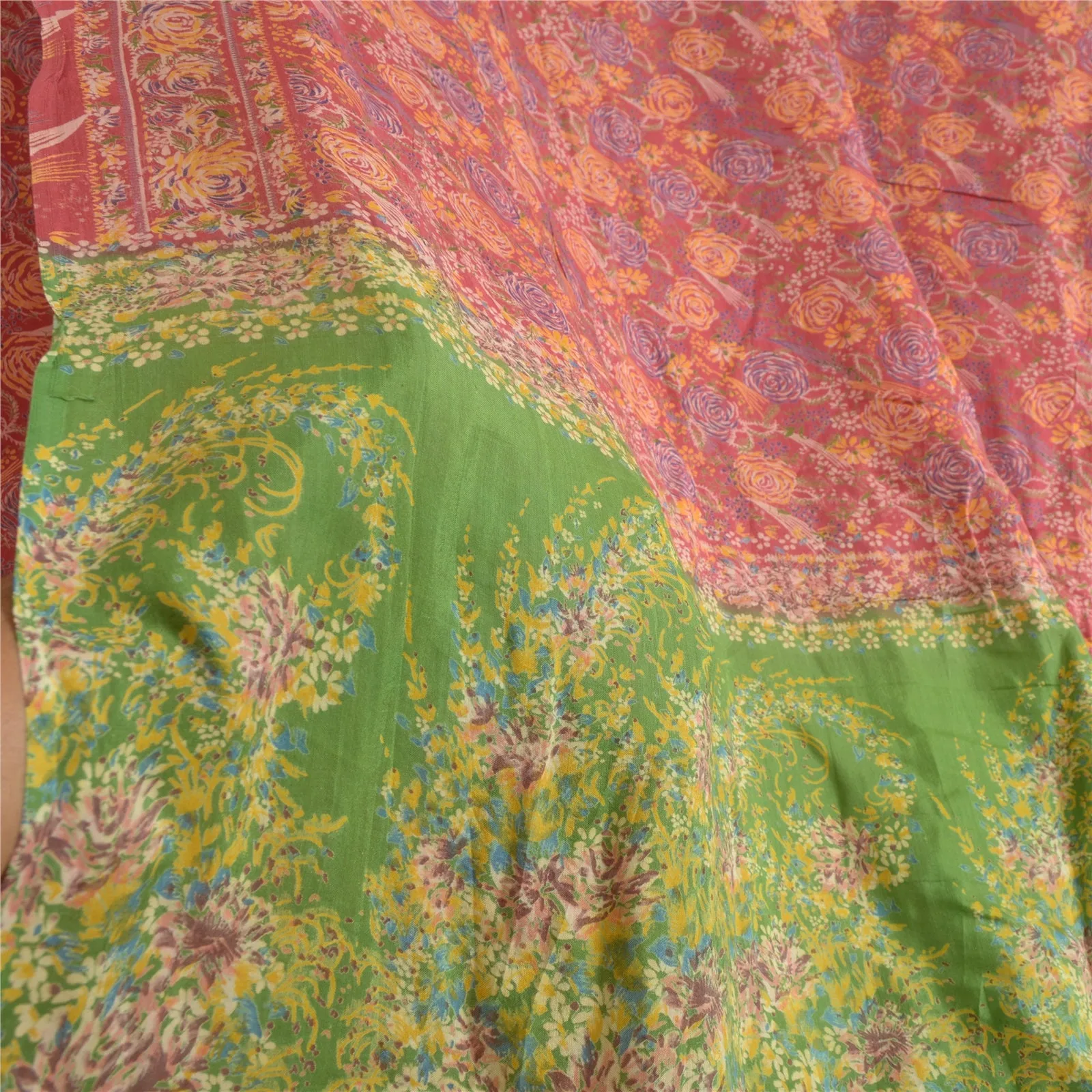 Sanskriti Vintage Sarees Red/Green 100% Pure Silk Printed Sari 5yd Craft Fabric