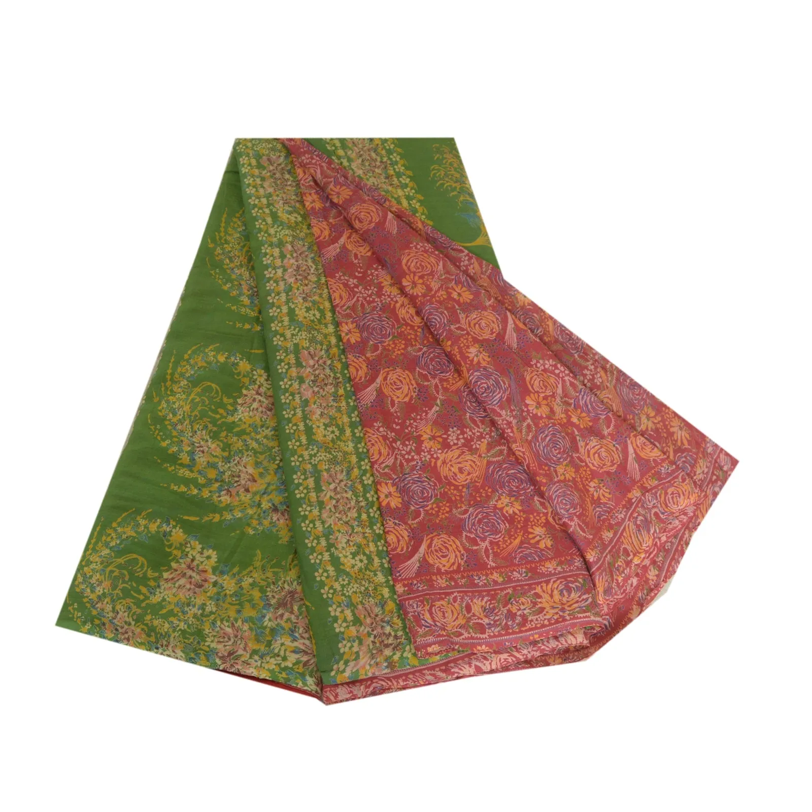 Sanskriti Vintage Sarees Red/Green 100% Pure Silk Printed Sari 5yd Craft Fabric