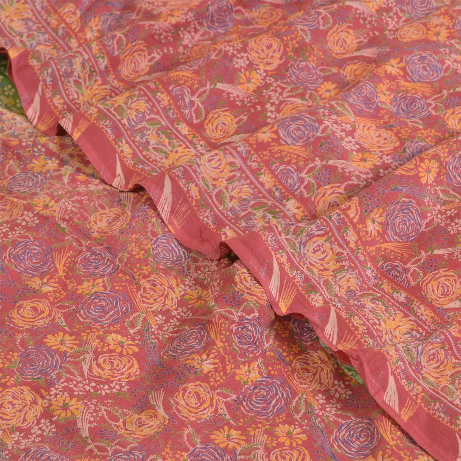 Sanskriti Vintage Sarees Red/Green 100% Pure Silk Printed Sari 5yd Craft Fabric