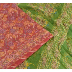 Sanskriti Vintage Sarees Red/Green 100% Pure Silk Printed Sari 5yd Craft Fabric