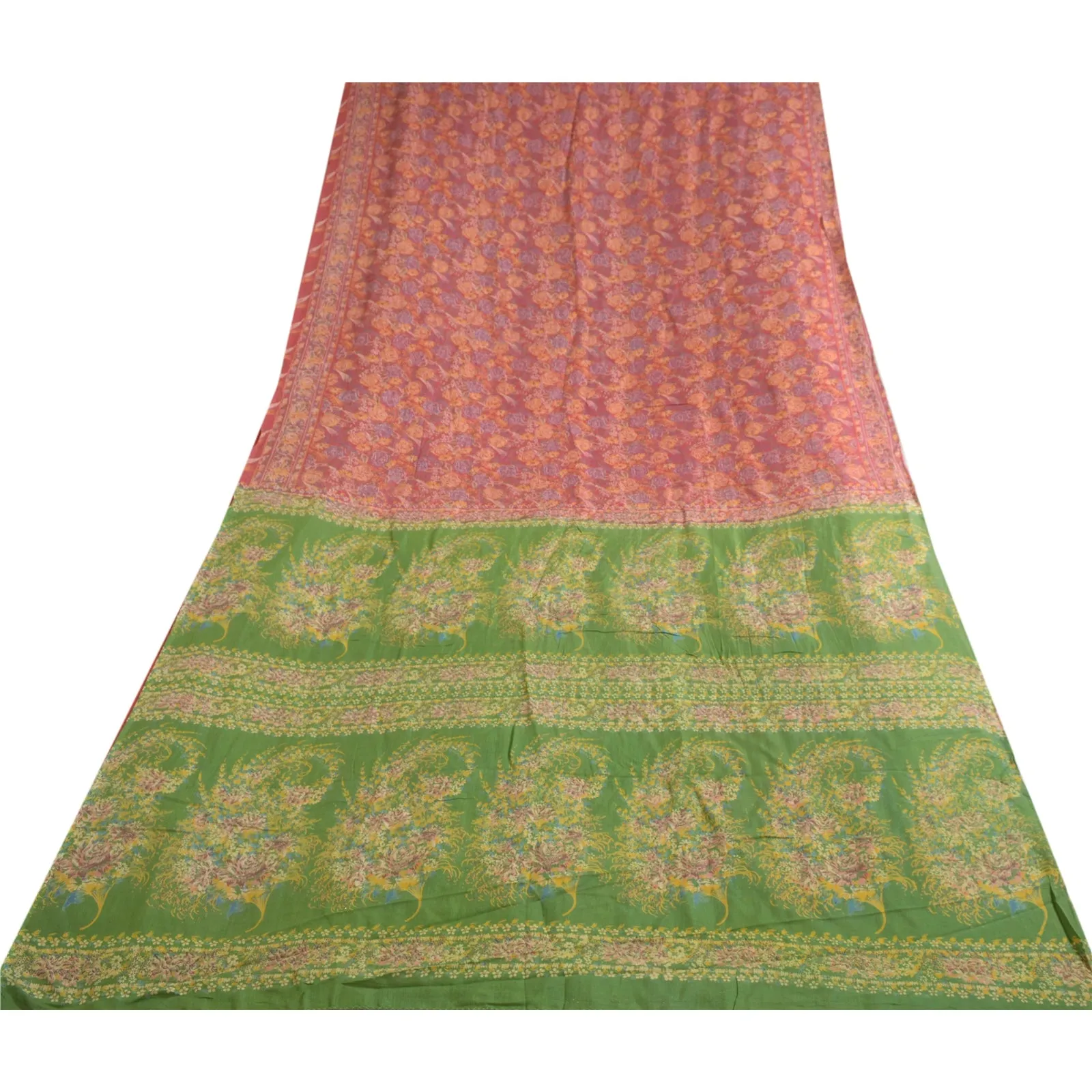 Sanskriti Vintage Sarees Red/Green 100% Pure Silk Printed Sari 5yd Craft Fabric