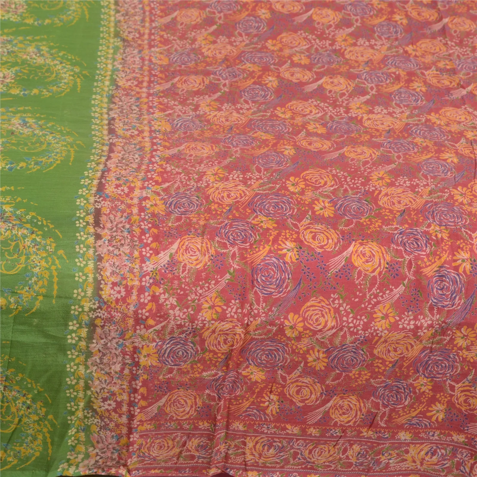 Sanskriti Vintage Sarees Red/Green 100% Pure Silk Printed Sari 5yd Craft Fabric