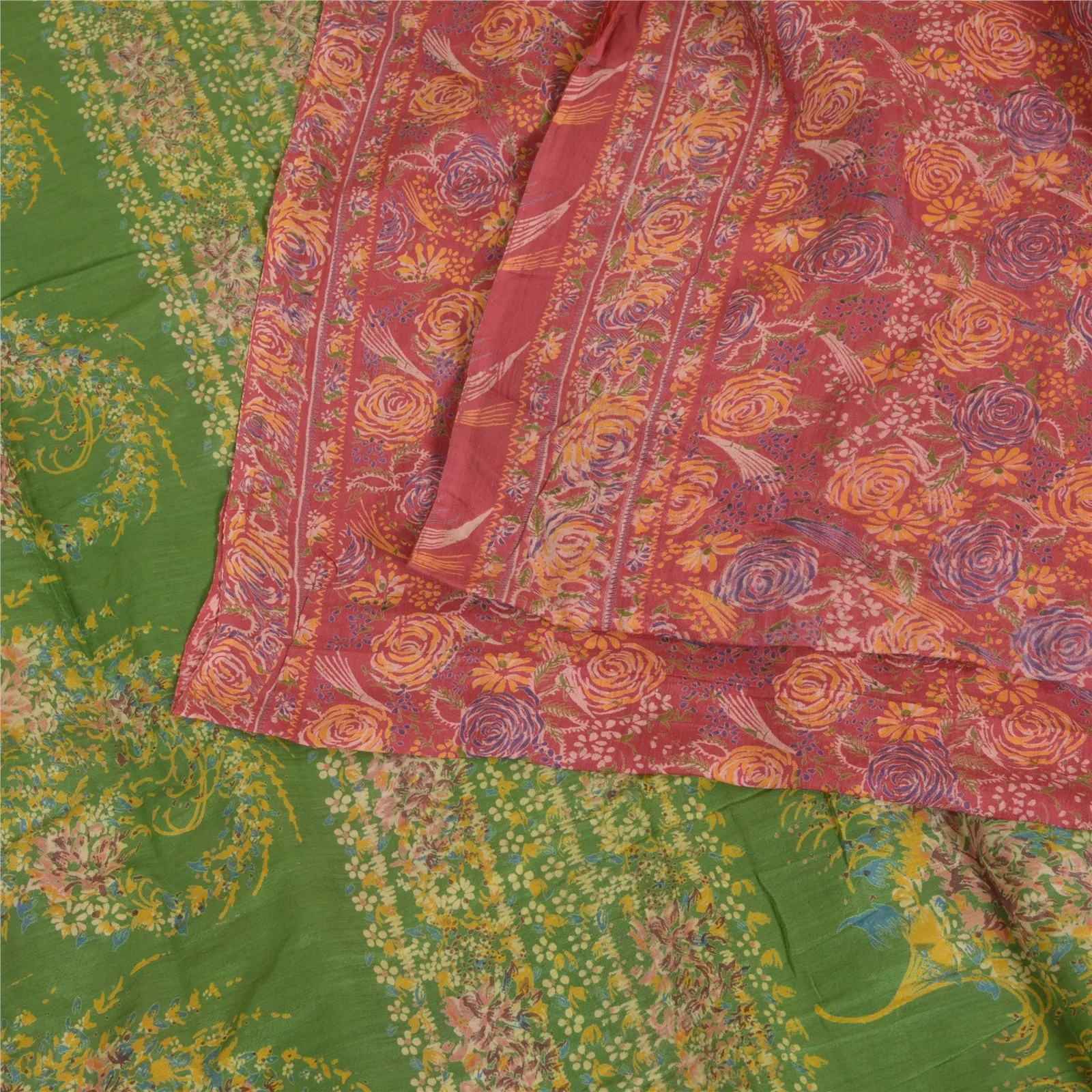 Sanskriti Vintage Sarees Red/Green 100% Pure Silk Printed Sari 5yd Craft Fabric