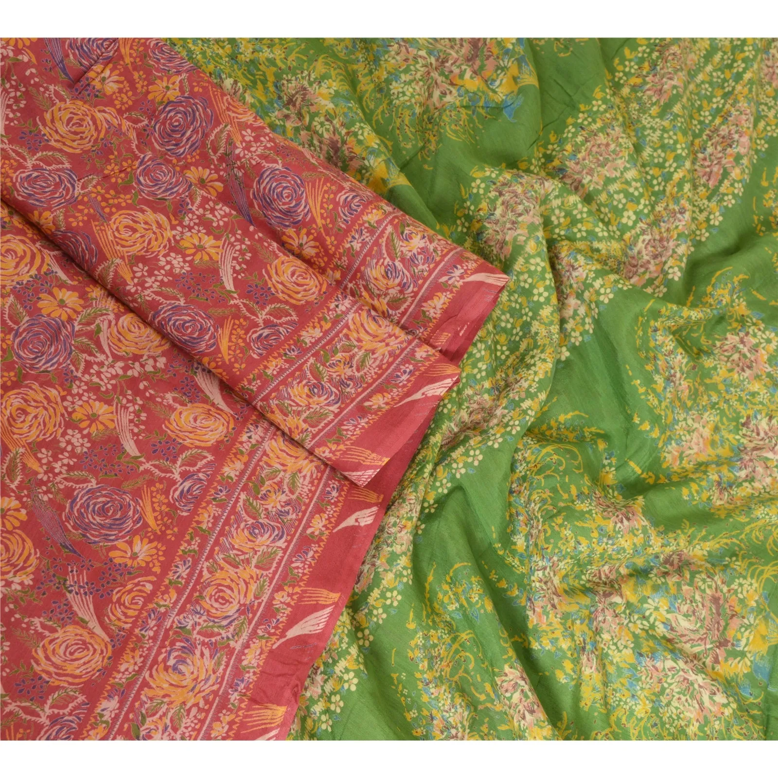 Sanskriti Vintage Sarees Red/Green 100% Pure Silk Printed Sari 5yd Craft Fabric