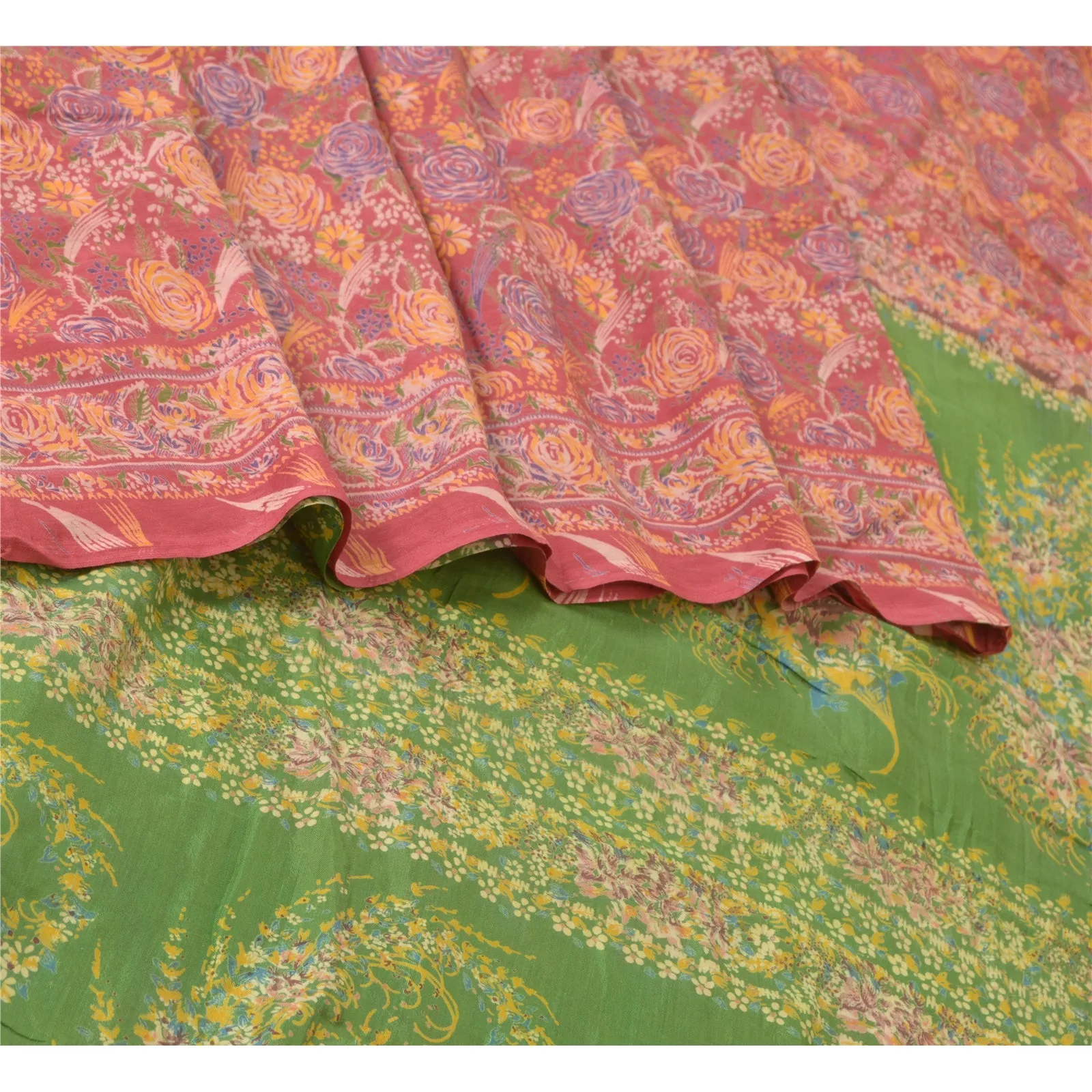 Sanskriti Vintage Sarees Red/Green 100% Pure Silk Printed Sari 5yd Craft Fabric