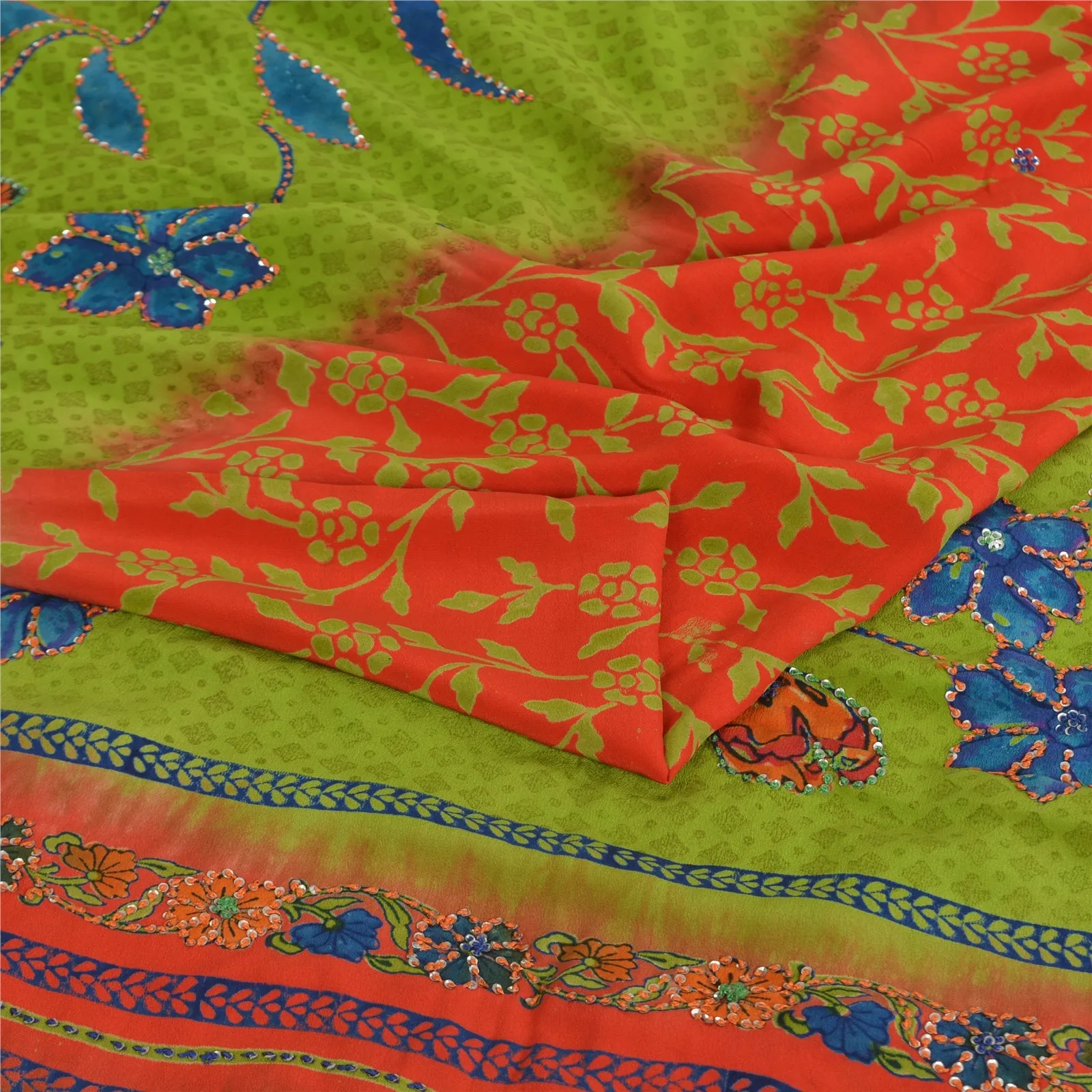 Sanskriti Vintage Sarees Red/Green Pure Crepe Silk Printed Hand Bead Sari Fabric