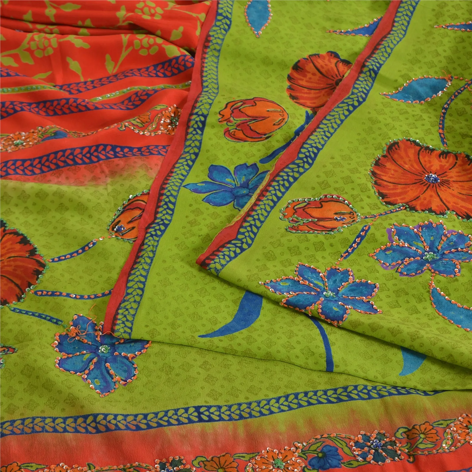 Sanskriti Vintage Sarees Red/Green Pure Crepe Silk Printed Hand Bead Sari Fabric