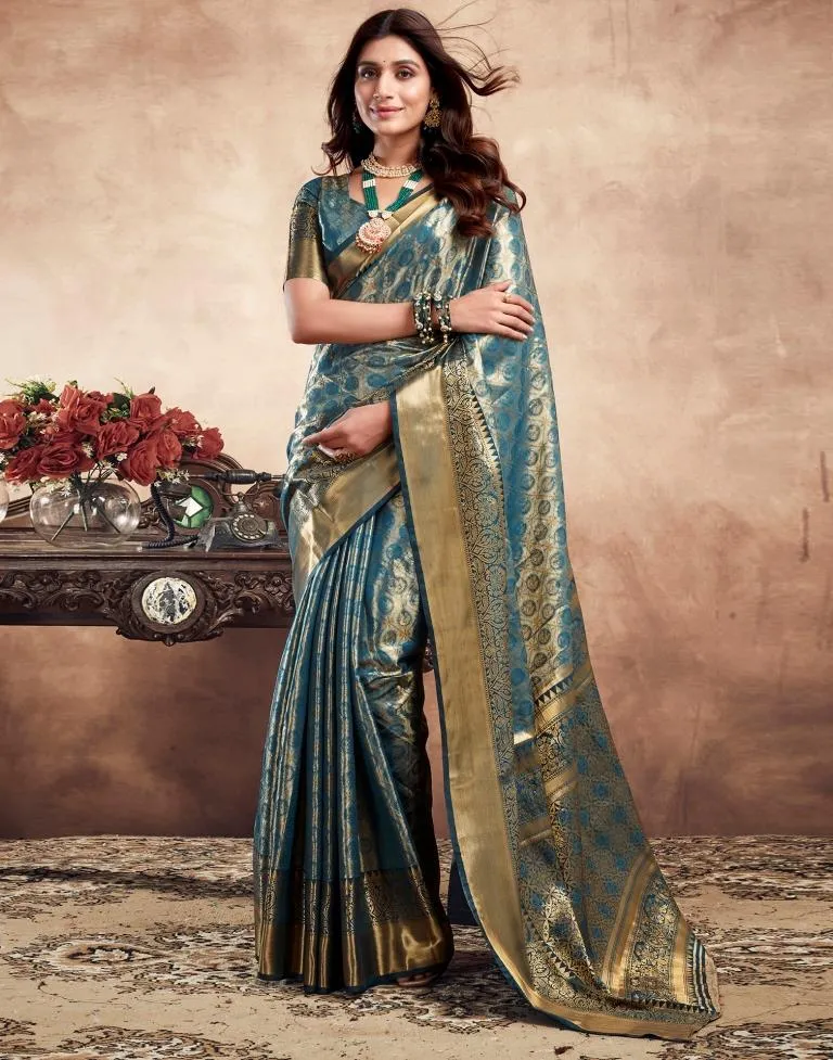 Teal Blue Silk Banarasi Sarees