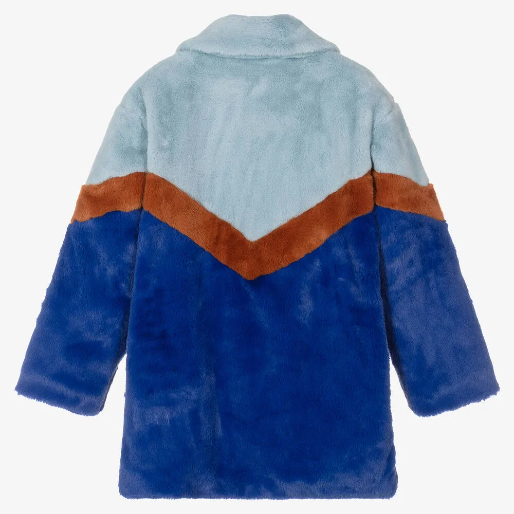 Teen Girls Blue Stripe Faux Fur Coat