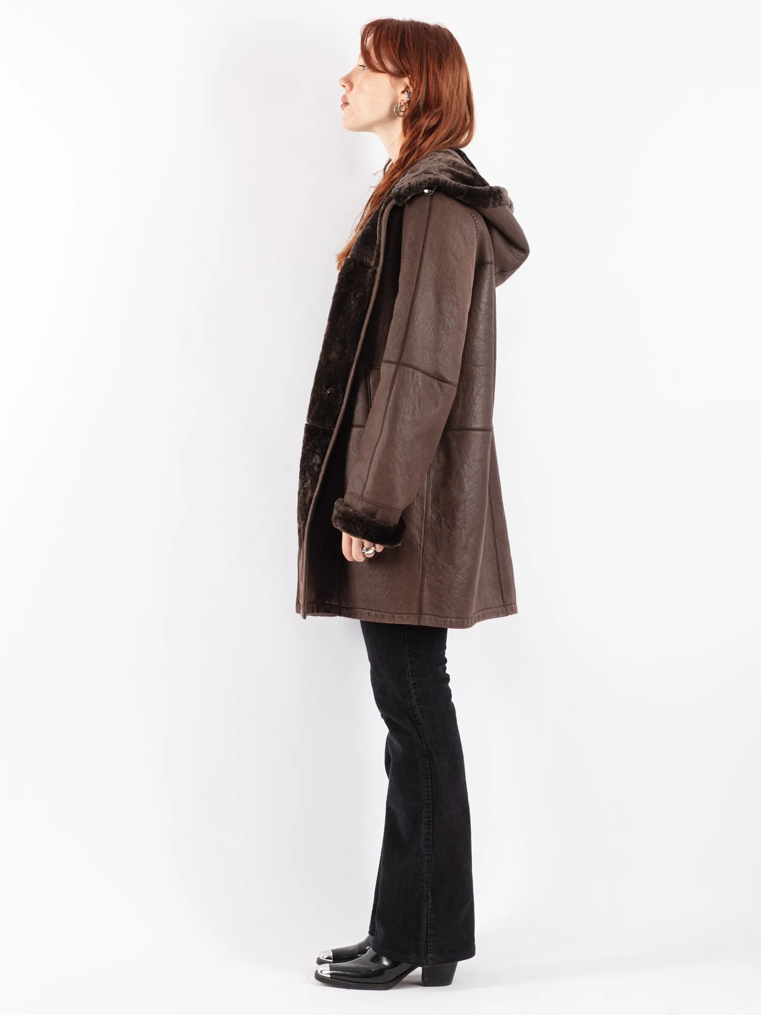 Vintage 00's Women Hooded Sheepskin Coat in Brown