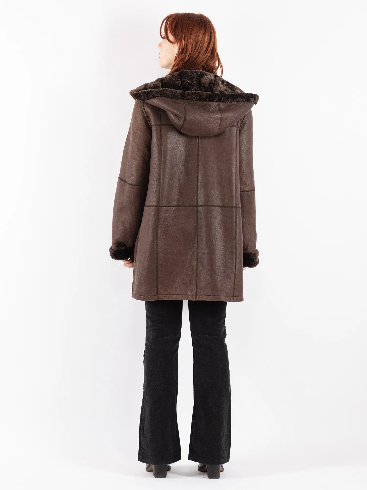 Vintage 00's Women Hooded Sheepskin Coat in Brown