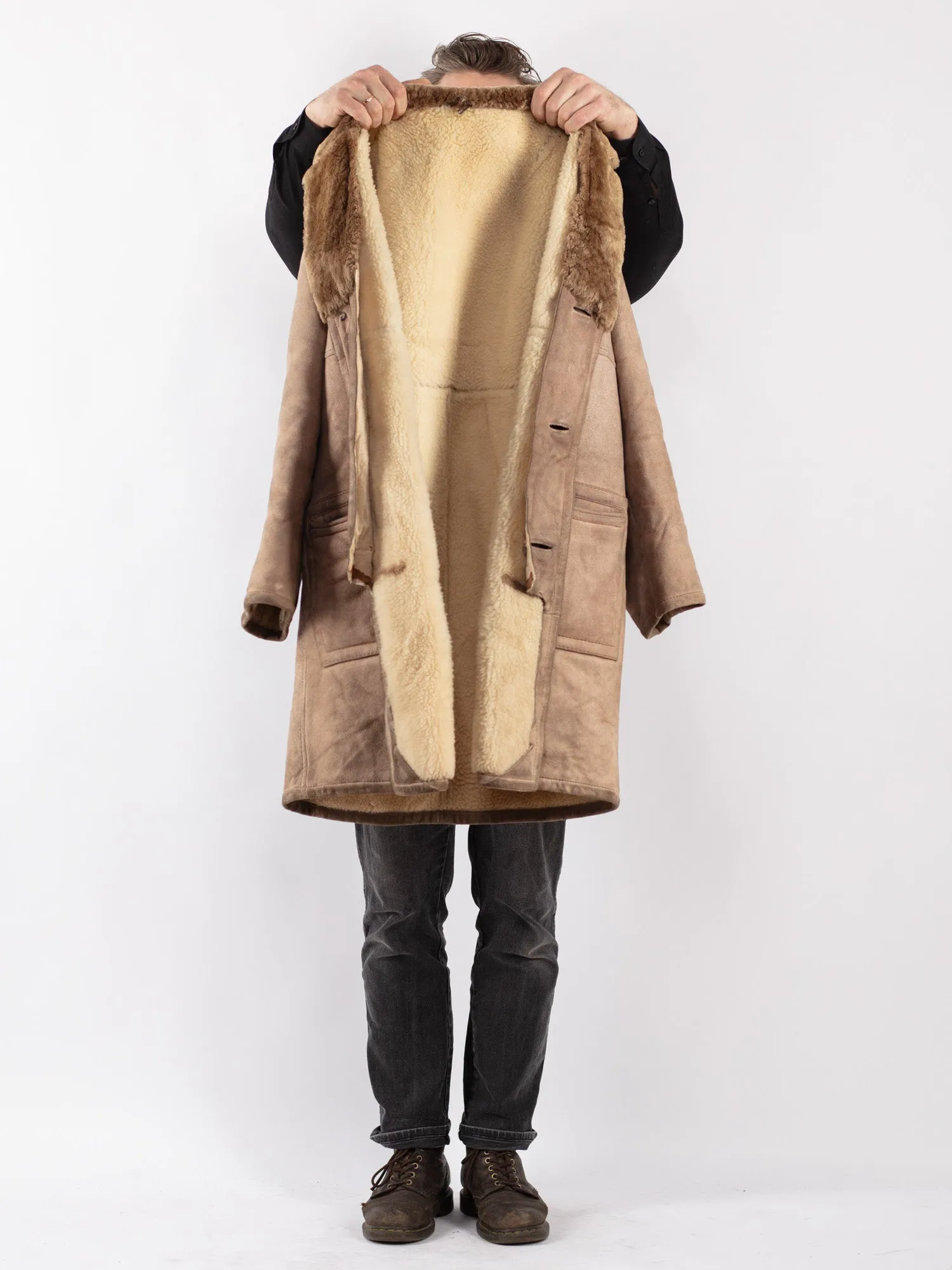 Vintage 70's Men Sheepskin Coat in Beige