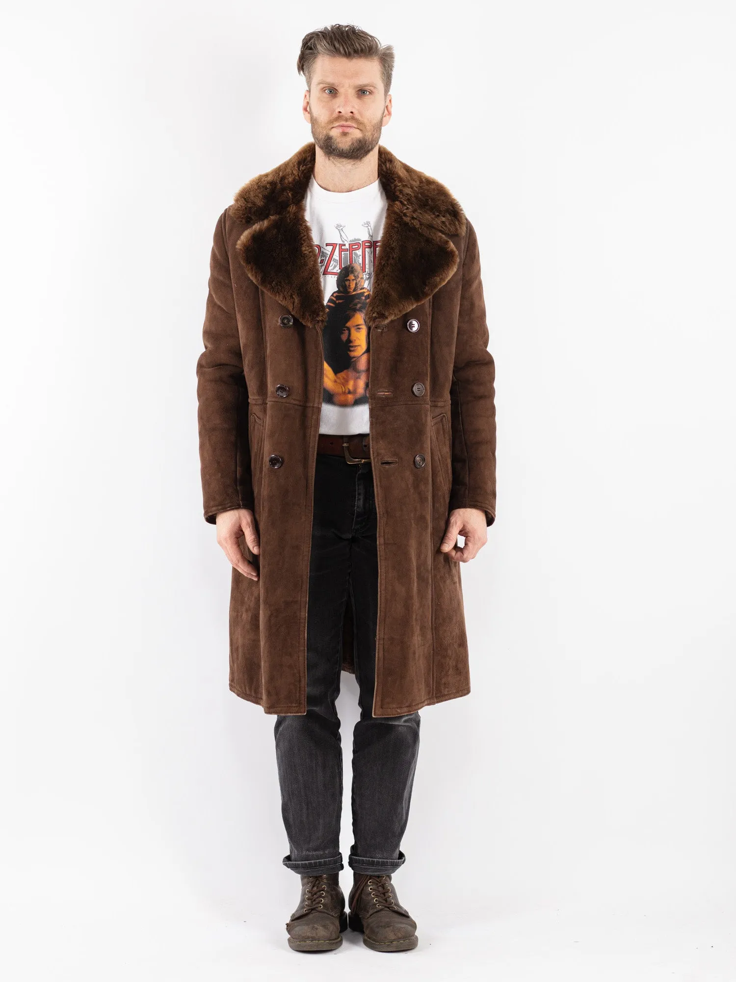 Vintage 70's Men Sheepskin Long Coat in Brown