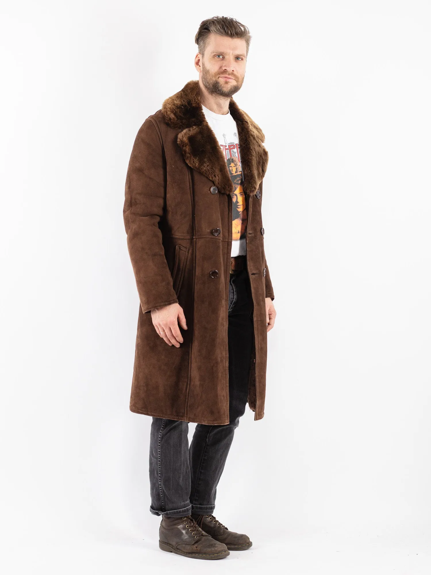 Vintage 70's Men Sheepskin Long Coat in Brown