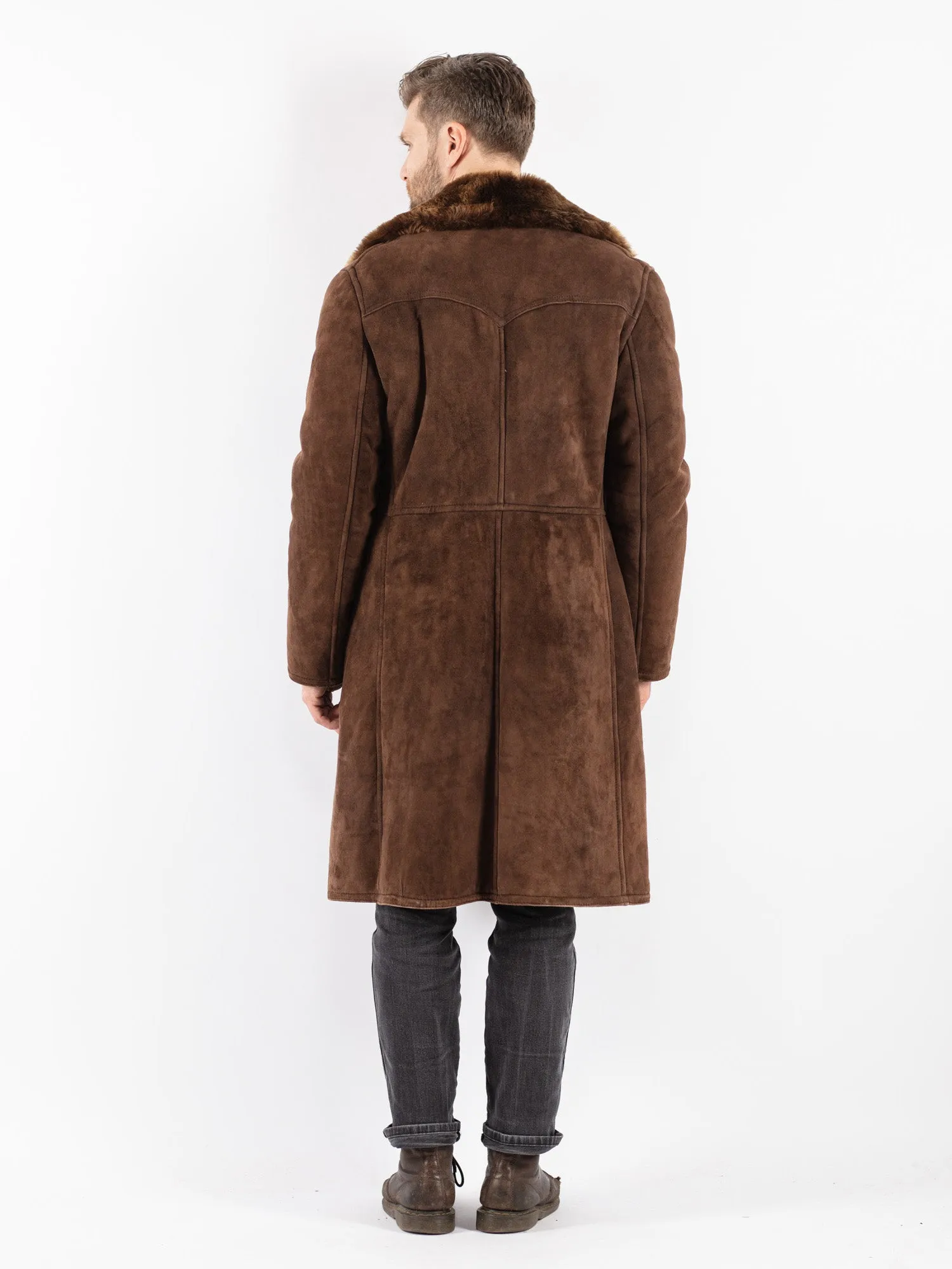 Vintage 70's Men Sheepskin Long Coat in Brown